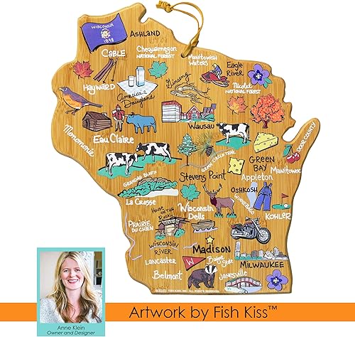 Miniatura 6 de Totally Bamboo Tabla de cortar con forma del estado de Wisconsin y plato para servir charcutería con ilustraciones de Fish Kiss, incluye corbata