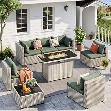UDPATIO Patio Furniture Set with Fire Pit Table, 8 Pcs Outdoor Sectional Sofa, PE Wicker Patio Conversation Set for Garden, Backyard Green Cushions with Light Grey Rattan