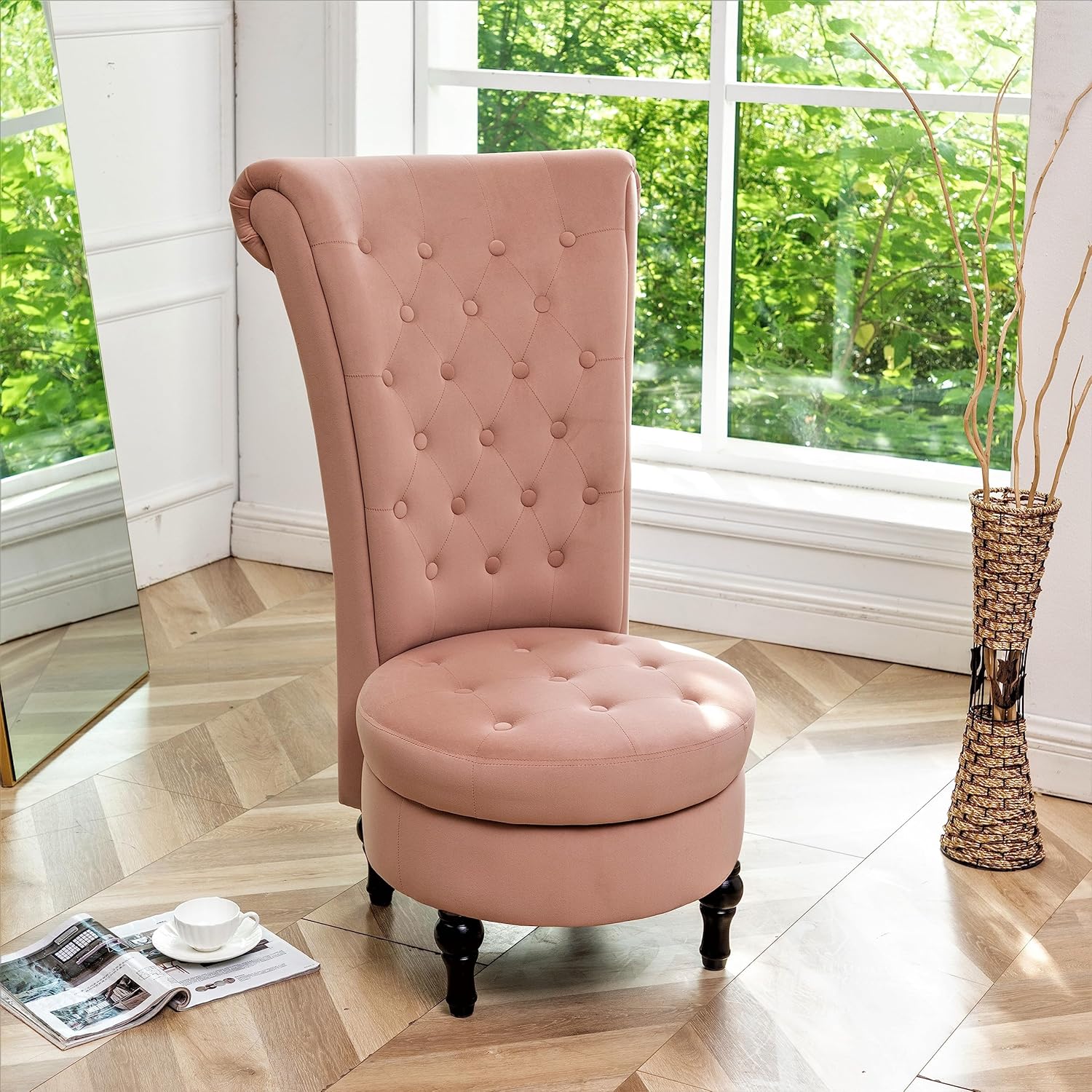 Royal High-Back Velvet Accent Chair for Vanity with Storage and Luxurious Upholstery, Retro Design and Versatile Usage for Living Room, Bedroom, Lounge and Office, Rose