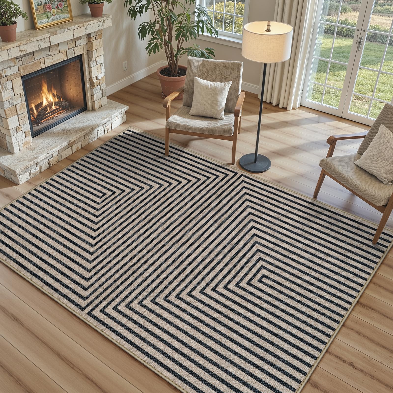 Collive Washable Easy Jute Living Room Rug, 4x6 Modern Washable Geometric Area Rugs for Dining Room, Non Slip Kitchen Carpet Farmhouse Indoor Outdoor