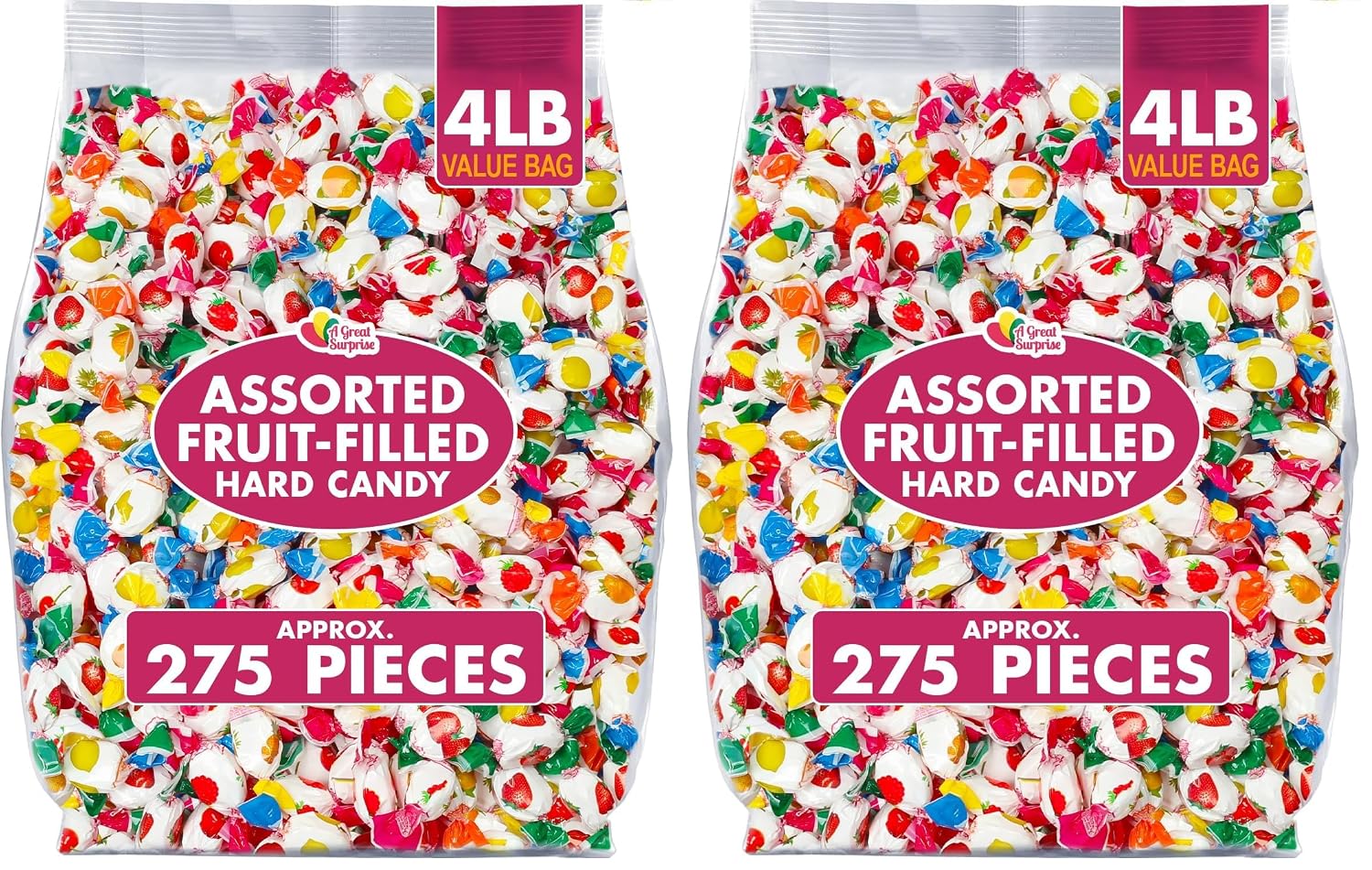 A Great Surprise Assorted Fruit-Filled Hard Candy - 4 Pounds - Approx. 275 Pieces - Bulk Individually Wrapped Office Bon Bons for Candy Bowls (Pack of 2)