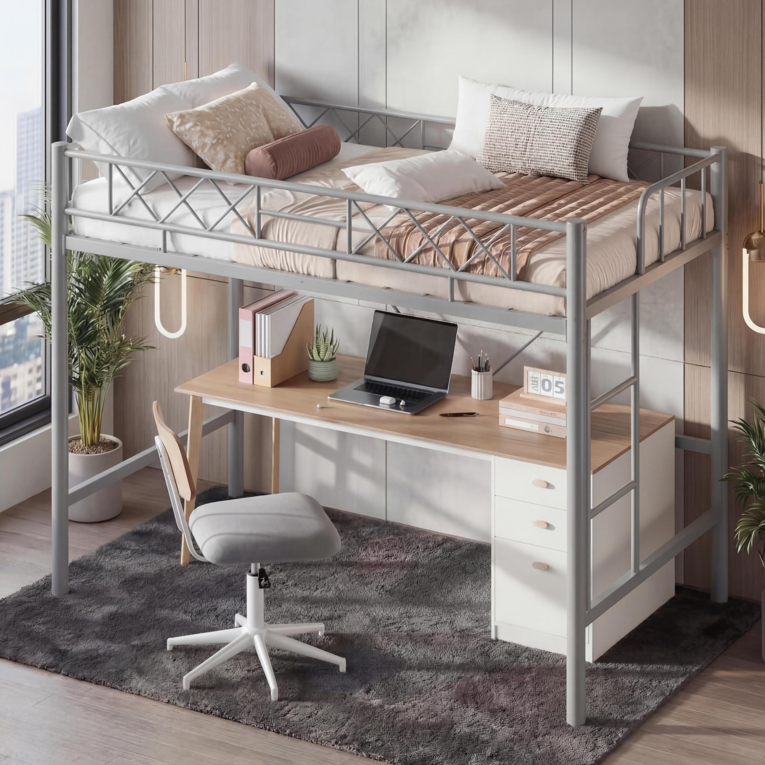 Photo 1 of ***FOR PARTS ONLY/ DAMAGED (BROKEN)**** GarveeTech Twin Loft Bed Frame - Metal Heavy Duty, Twin-Size Loft Bed with Safety Guardrail & Ladder, Space-Saving Platform (No Box Spring Needed), Modern Gray for Teens Dorm Room