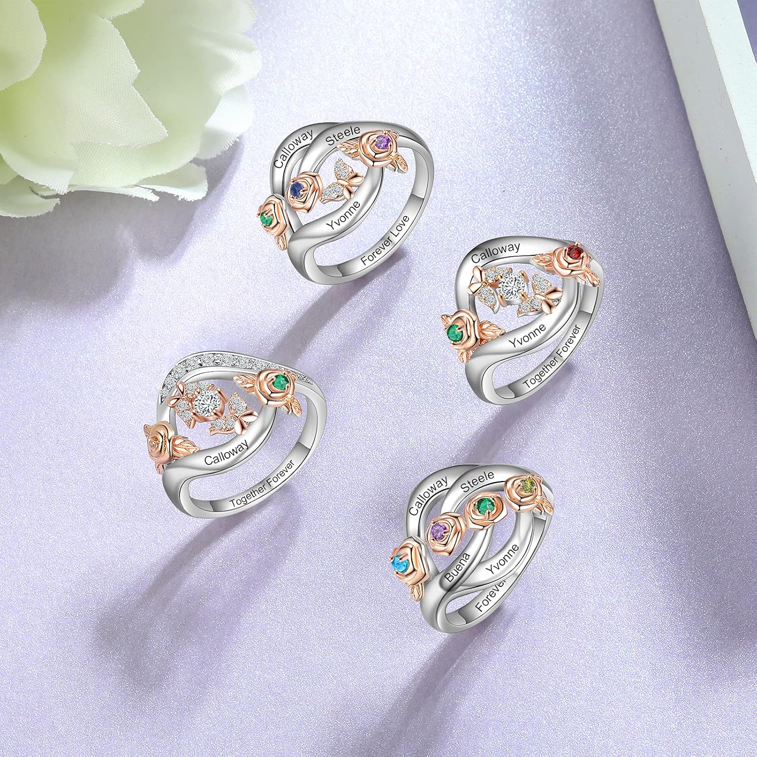 LanM Mothers Day Gifts Mothers Rings with 1-4 Birthstones Rose Ring Personalized Sterling Silver Custom Mom Ring with Name Gift for Wife Grandmother Family