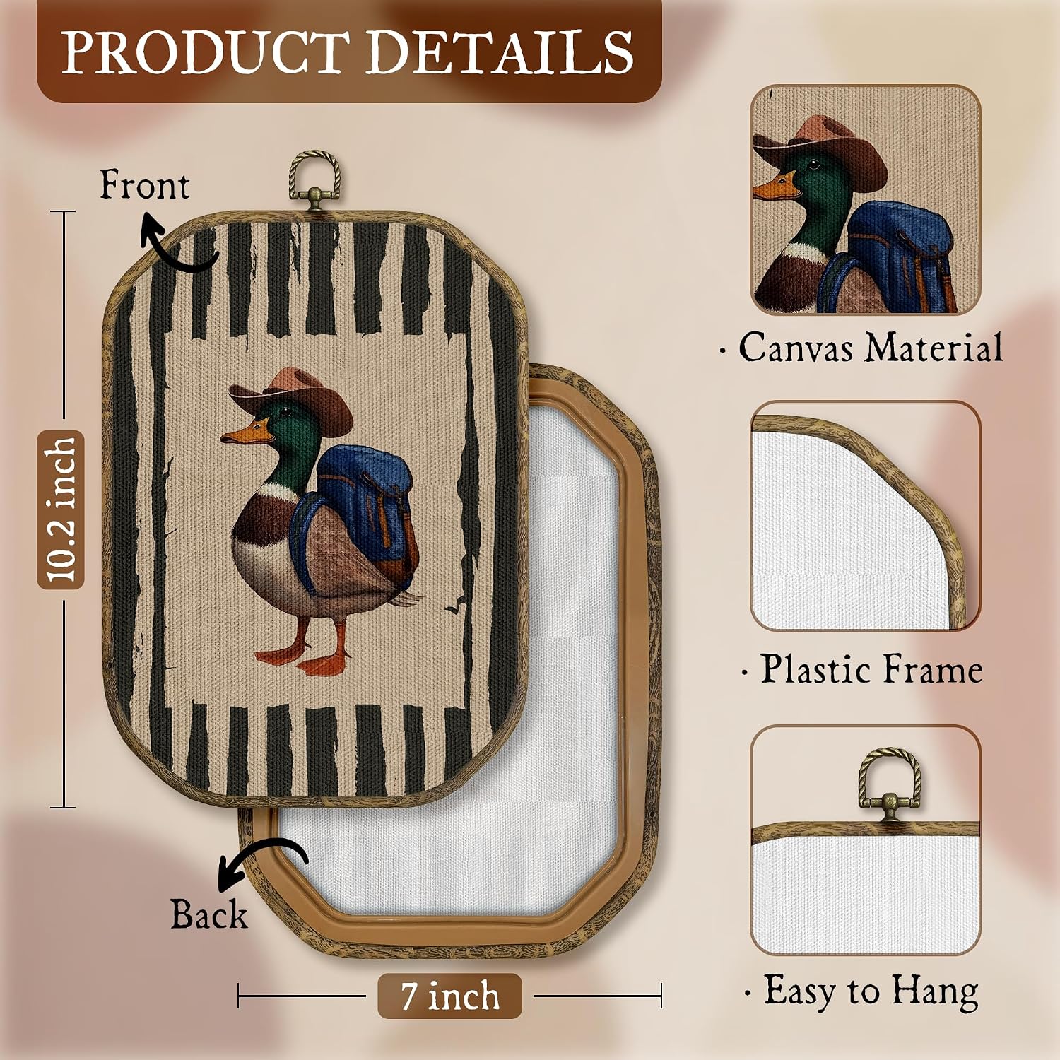 WUHSDIBC Western Cowboy Mallard Duck Nursery Octagon Wall Art Decor, Vintage Duck Framed Canvas Art Prints, Whimsical Travel Wall Hanging Decor for Kids Boy Room Nursery Bathroom 10.2x7 In image 2