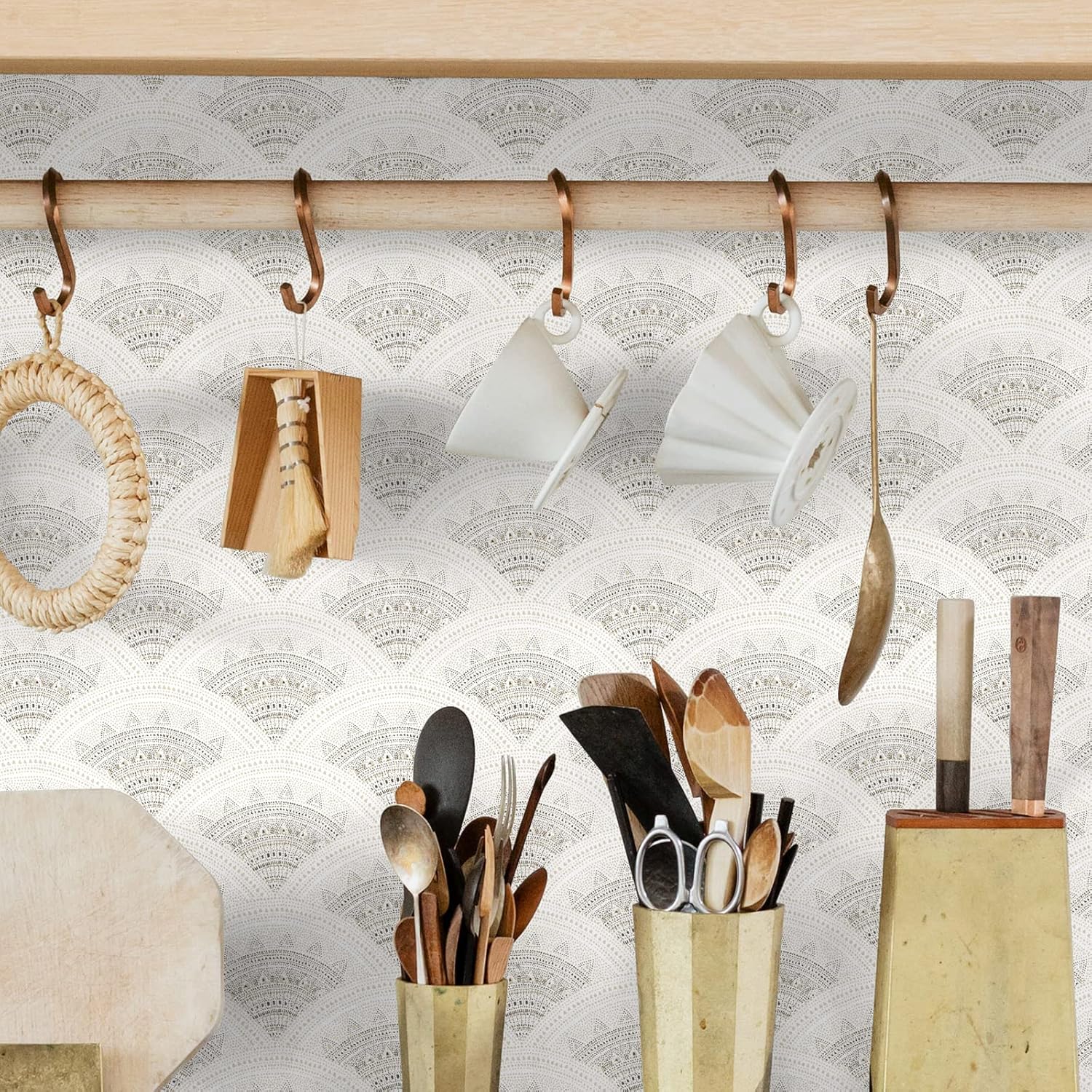 Sevalo Boho Wallpaper Peel and Stick Modern Wallpaper Beige Boho Contact Paper for Cabinet Geometric Wall Paper Self-Adhesive Removable Bedroom Bathroom Waterproof Accent Wall Drawer Liner 17.3”×393”