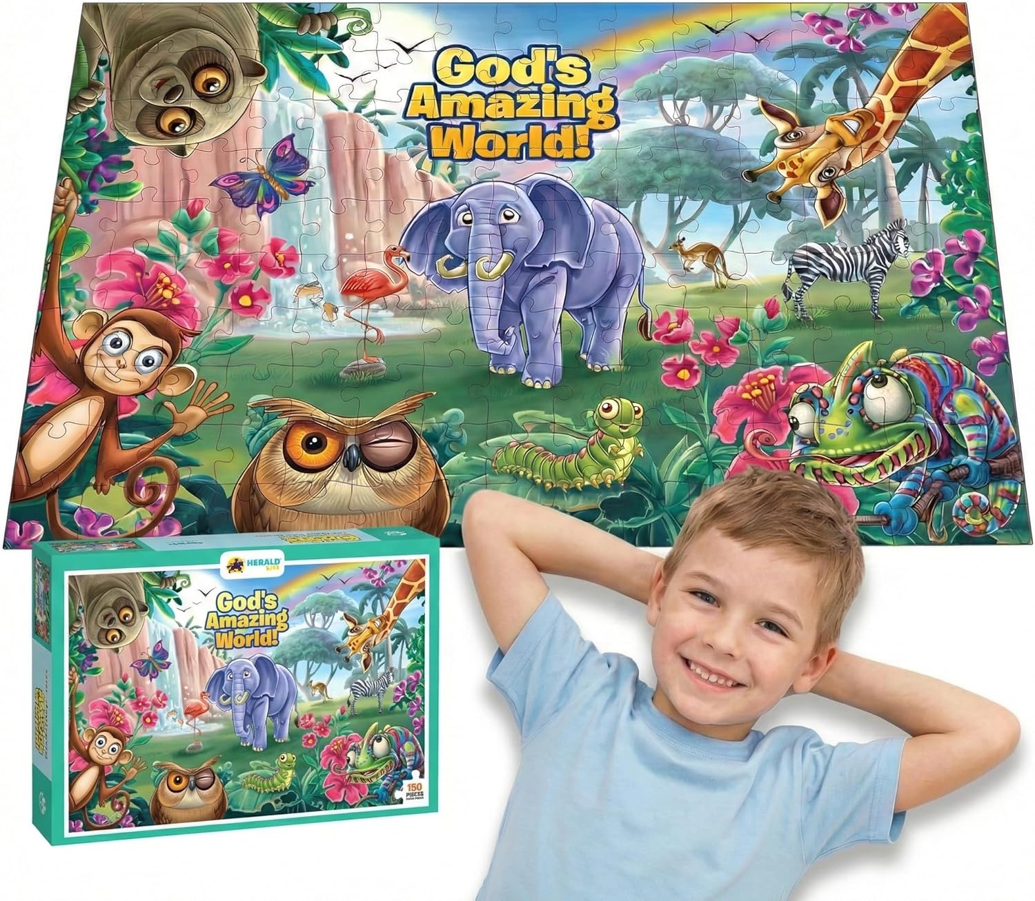 God's Amazing World Giant Floor Puzzle for Kids – 150 Piece Christian Jigsaw (3 x 2 Feet) – Bible Creation Theme with Animals – Religious Activity for Sunday School & Family Game Night (Ages 6+)