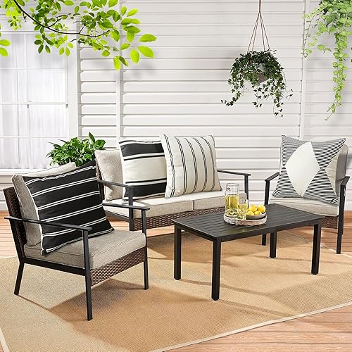 Miniatura 6 de OTOSTAR Juego de 4 fundas decorativas para cojín de exterior de 16 x 16 pulgadas, impermeables, geométricas, para jardín, patio, exteriores, sofá,