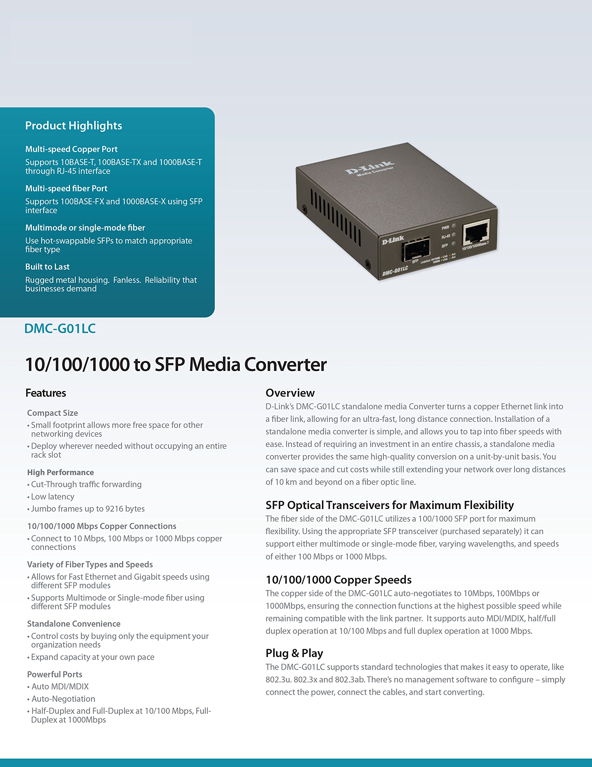 D-Link DMC-G01LC 1000Mbit/s Gris convertisseur de support réseau - Convertisseurs de support réseau (1000 Mbit/s, IEEE 802.3ab,IEEE 802.3u,IEEE 802.3x, Gigabit Ethernet, 10,100,1000 Mbit/s, SFP, Avec fil)
