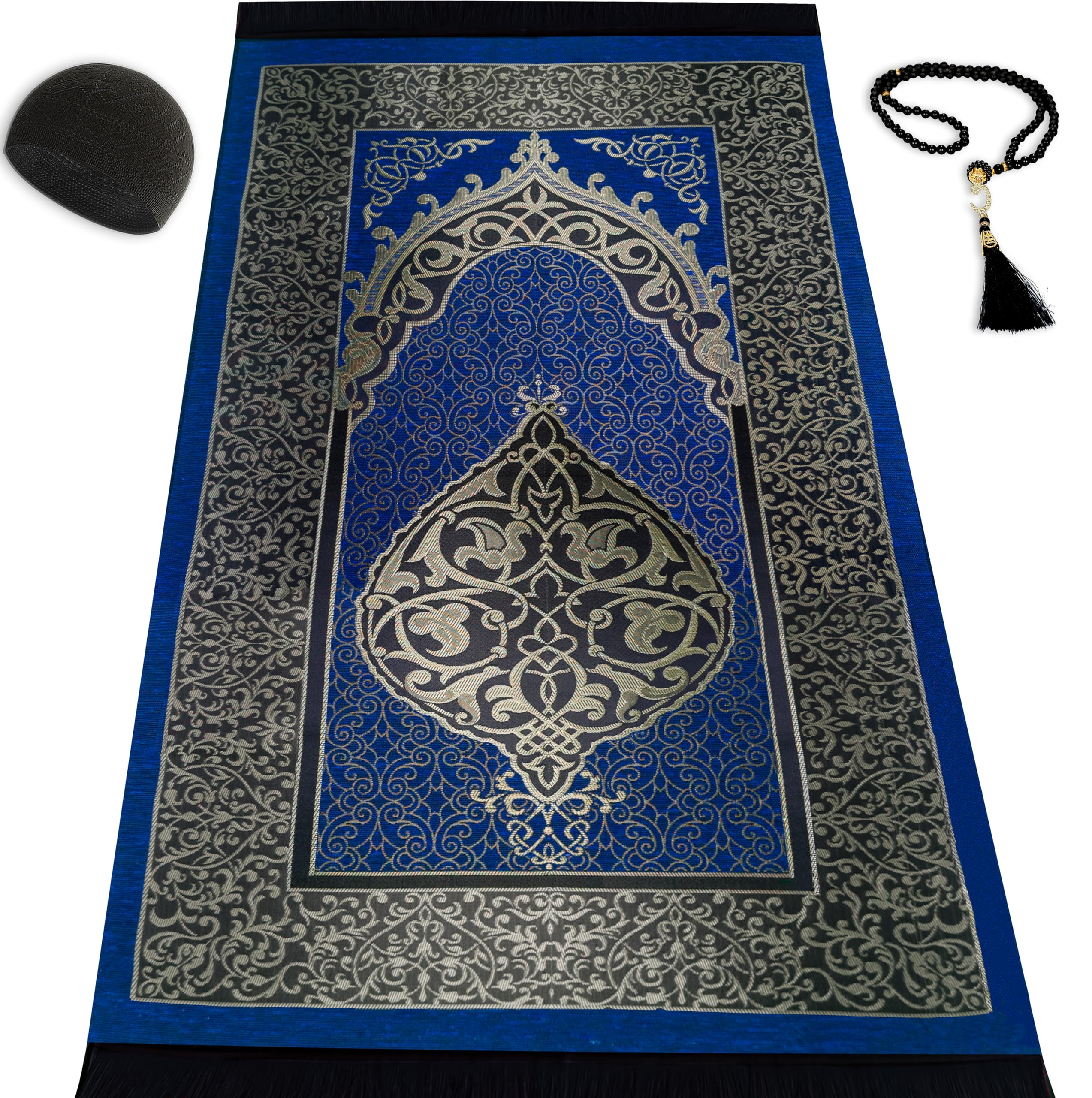 Muslim Prayer Rug Prayer Beads Kufi Hat for Men and Women 100% Breathable Black Skull Beanie Traditional Desing Prayer Mat Eid Ramadan Gifts Islamic Set Salah Mat Taffeta Fabric Soft (Blue)