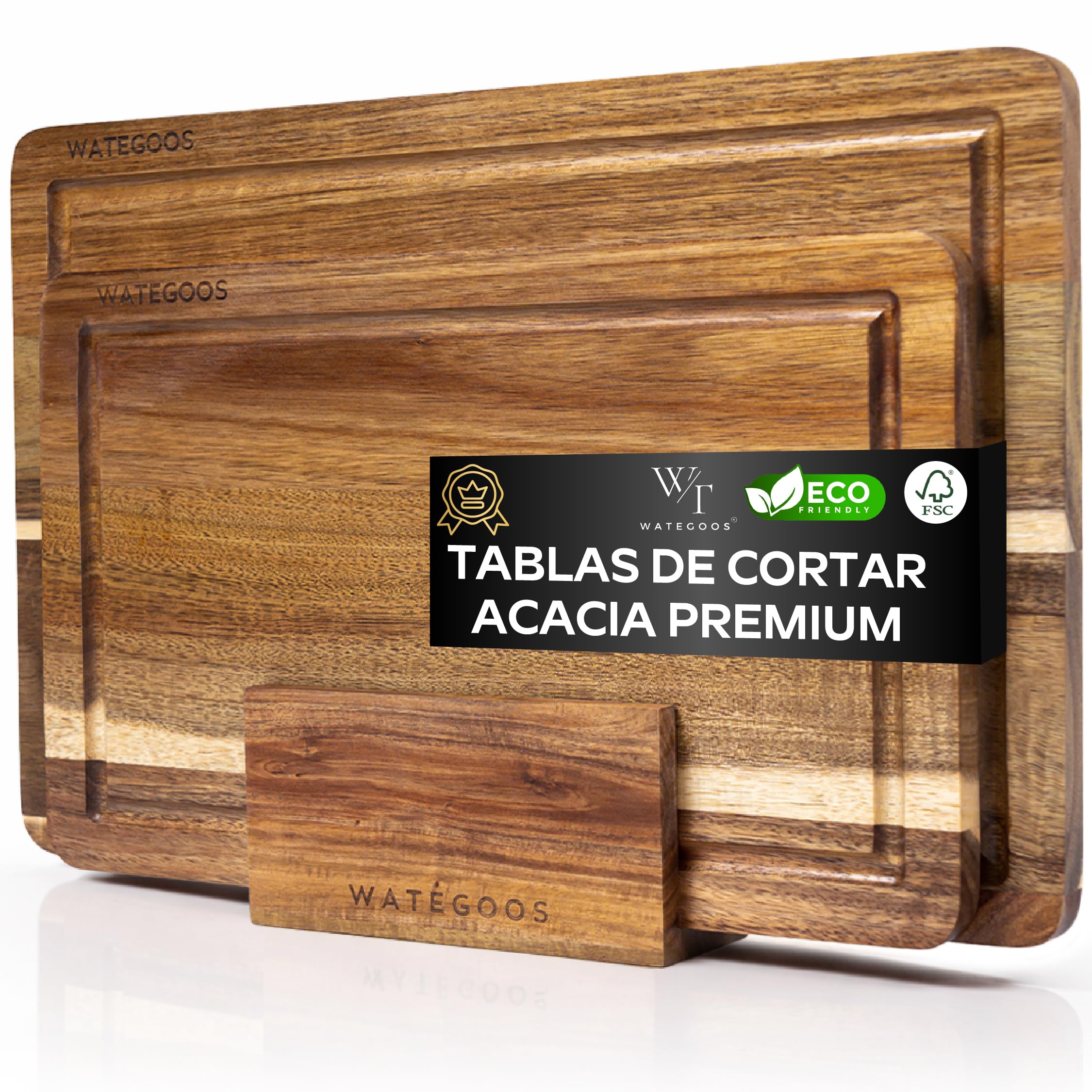 Pack 2 Tablas de Cortar Cocina de Madera Acacia + Soporte - Tabla de Cortar Grande y Pequeña para Presentación de Quesos - Madera Ecológica, Resistente y Antibacteriana.