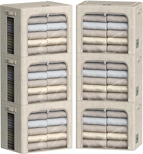FHSQX Paquete de 6 contenedores de almacenamiento de ropa con marco de metal, plegables para ropa, caja de almacenamiento de tela de lino con