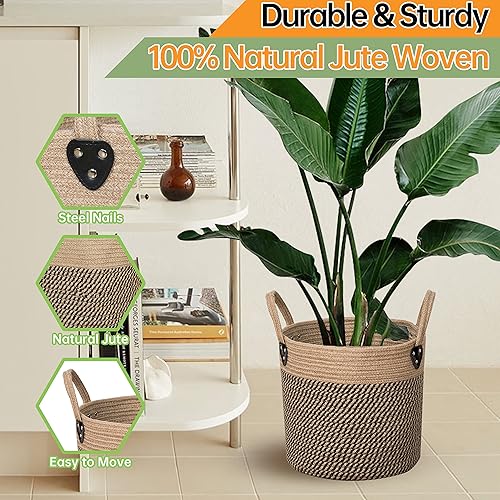 Miniatura 3 de Cesta de almacenamiento tejida de cuerda de yute natural de 14 x 12 pulgadas con asas para plantas, mantas, juguetes, ropa, zapatos, decoración del