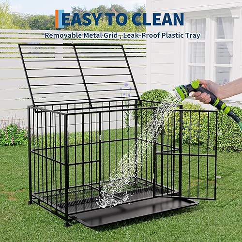 Miniatura 4 de Jaula de 42 pulgadas para perros de tamaño mediano, de acero inoxidable resistente, a prueba de escapes, con ruedas y bandeja extraíble, jaula