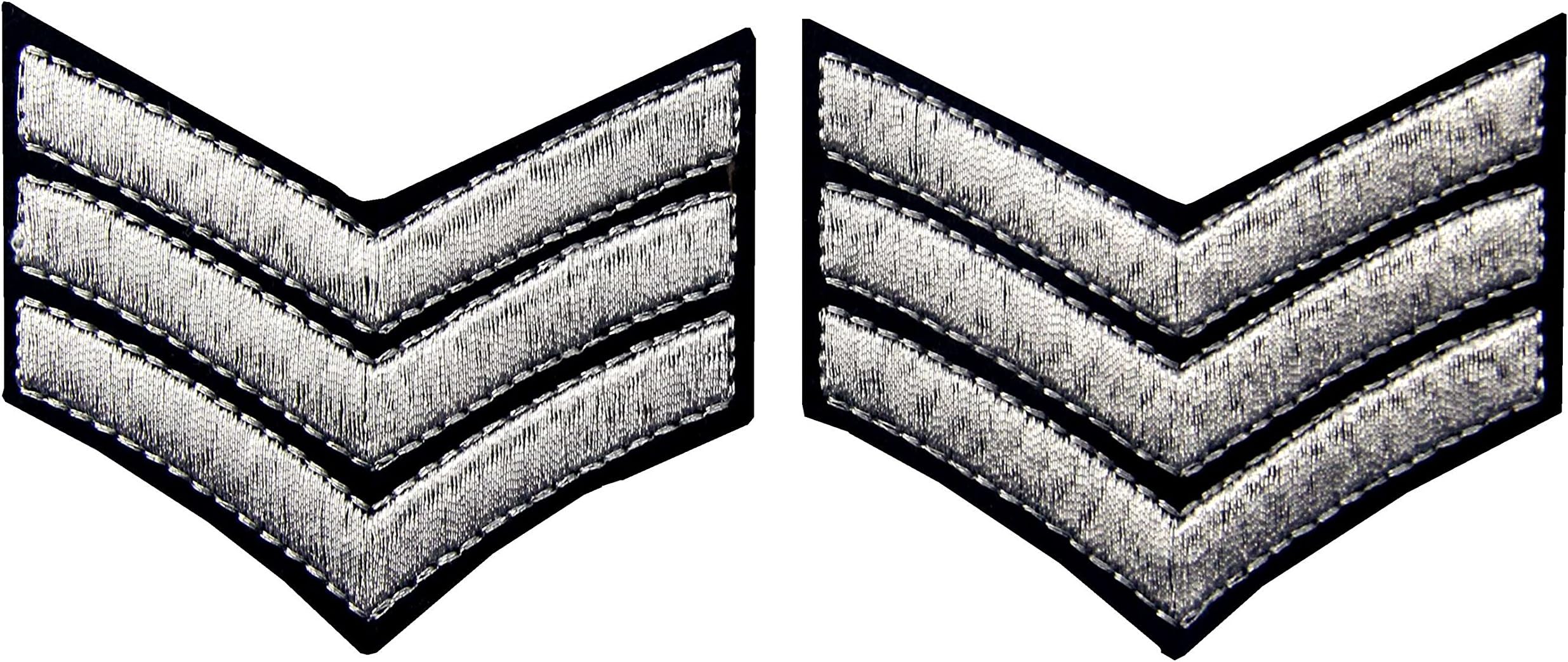 Military Uniform Chevrons Sergeant Stripes Army Patch Embroidered Arms Badge Morale Applique Emblem Fastener Hook and Loop Shoulder Emblem, Silver, 2PCS