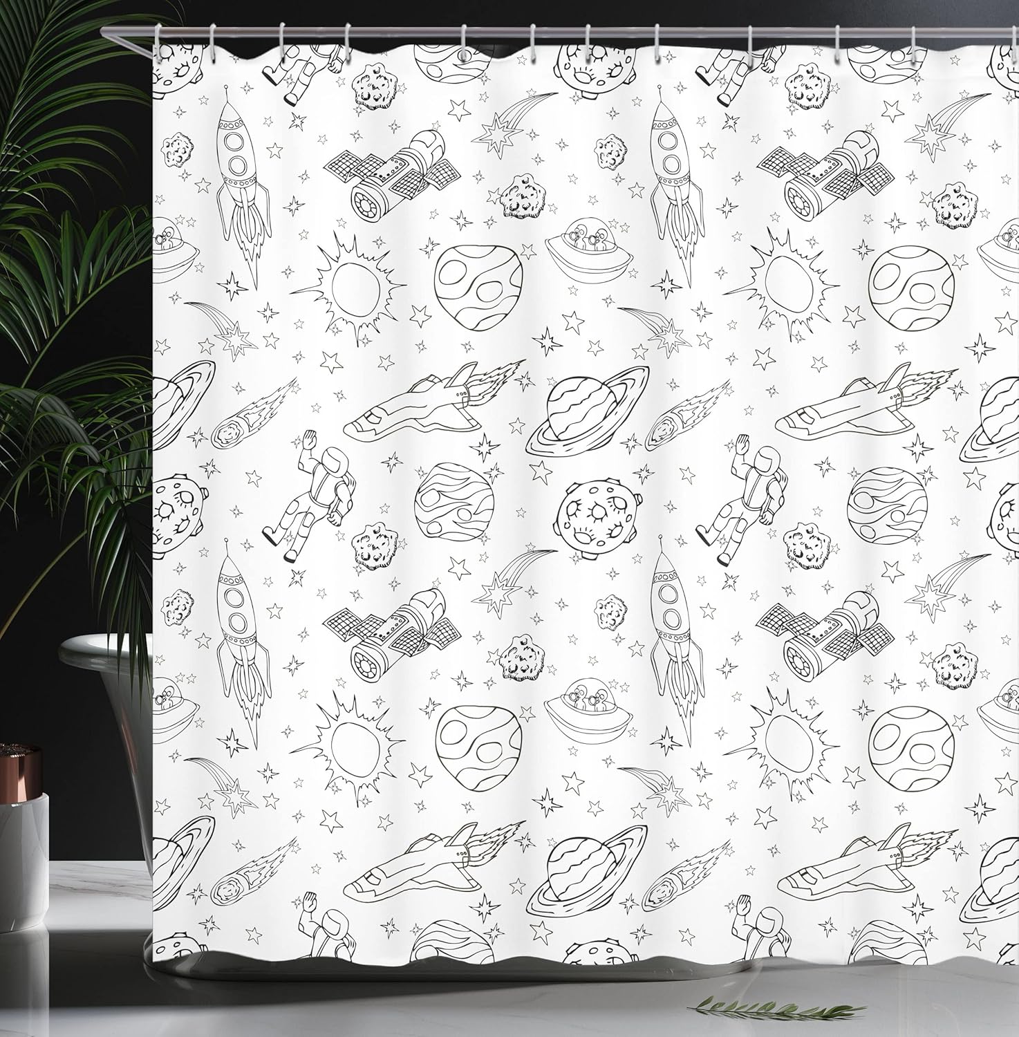 Ambesonne Cartoon Shower Curtain, Doodle Solar System Astronauts Space Crafts Shooting Stars Science Fiction Theme, Cloth Fabric Bathroom Decor Set with Hooks, 69" W x 70" L, White Ink