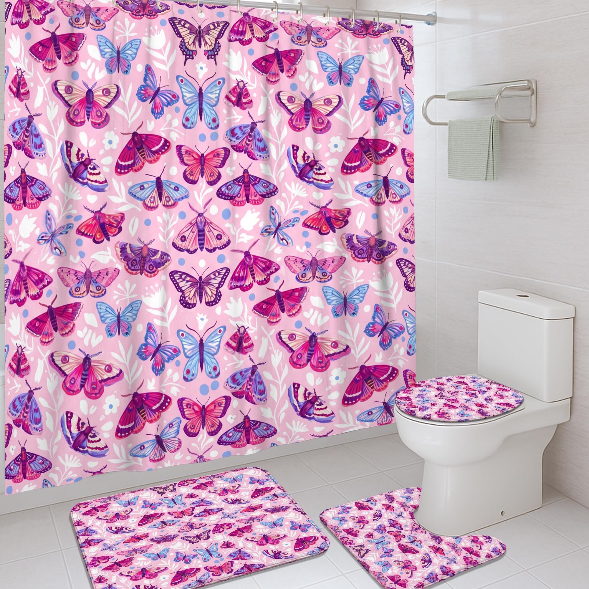 Rideau de douche lavable avec crochets et tapis de bain imperméable pêche