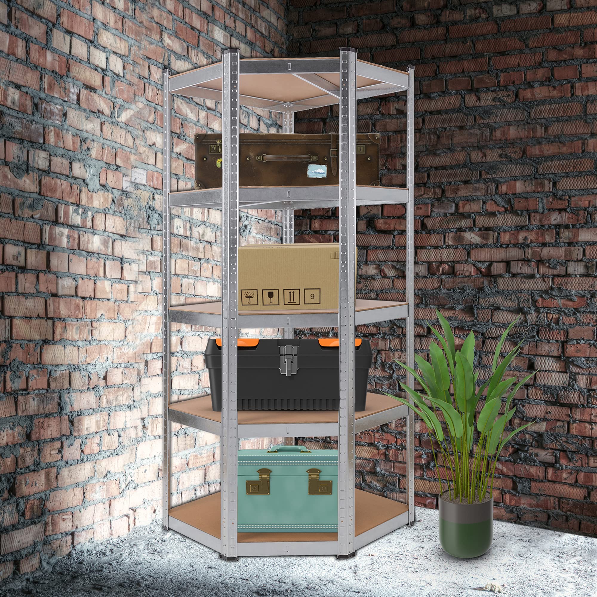 Arebos Eckregal Schwerlastregal Steckregal 875kg | Einfache Montage durch Stecksystem | 180 x 70 x 70 cm | 5 Böden aus MDF | bis zu 175 kg pro Regalboden | Verzinkt