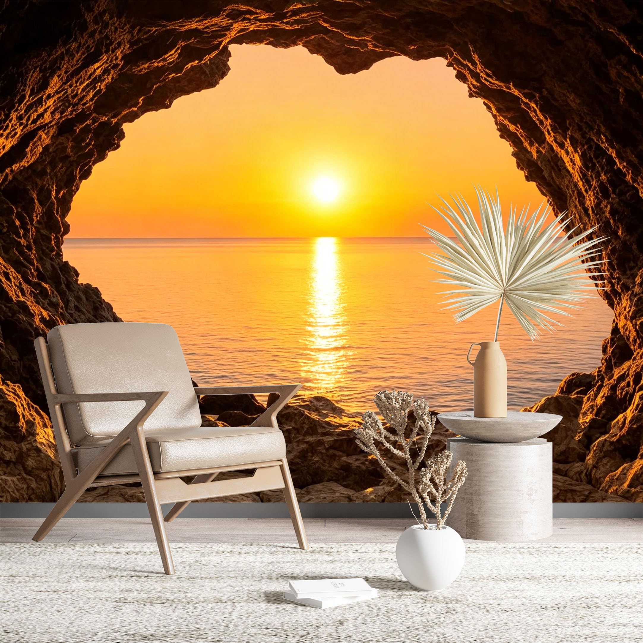 Custom Size Wall Murals Sunset Sea View Through Cave Arch Realistic Self-Adhesive Wall Fabric (NO PVC) Removable Wallpaper for Living Room Bedroom