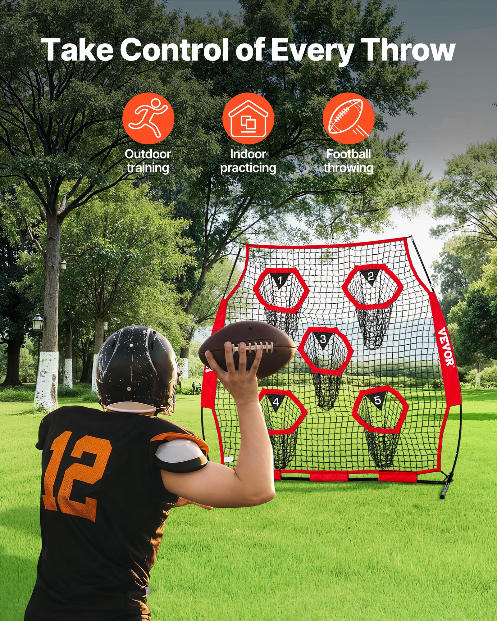 VEVOR Red de Lanzamiento para Entrenadores de fútbol, 1,8 x 1,8 m, Red de Entrenamiento con 5 Bolsillos para Diana, Red sin Nudos con Correas y Bolsa de Transporte, Mejora la precisión de Lanzamiento