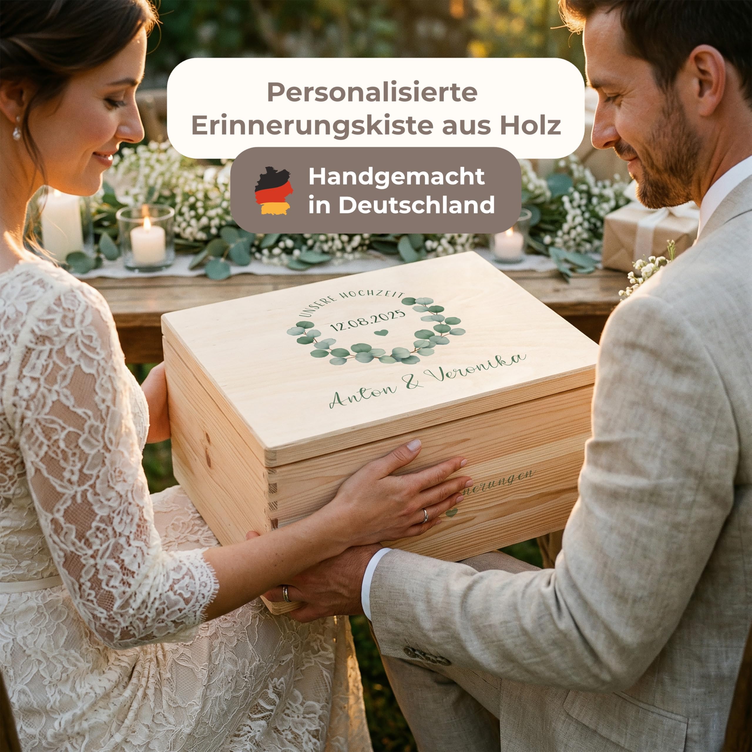 Amari ® Personalisierte Erinnerungsbox aus Holz | Eukalyptus | Individuelles Hochzeitsgeschenk Erinnerung Hochzeit Personalisiertes Holzkiste