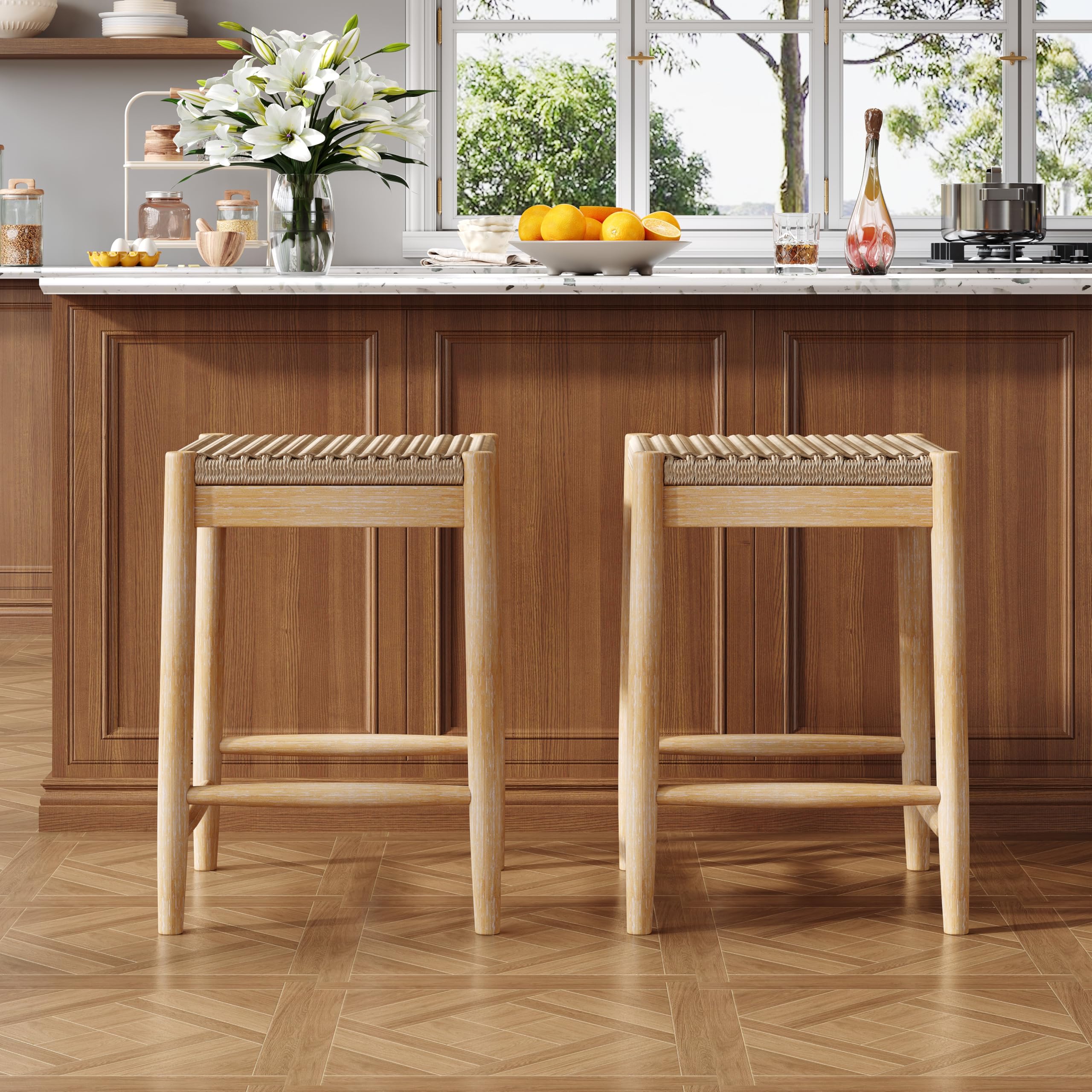 Merax Counter Height Barstools Set of 2, Wood Backless Counter Stools with Acacia Wood Legs and Natural Rattan Seat, 25.8 Inch Bar Stools for Kitchen
