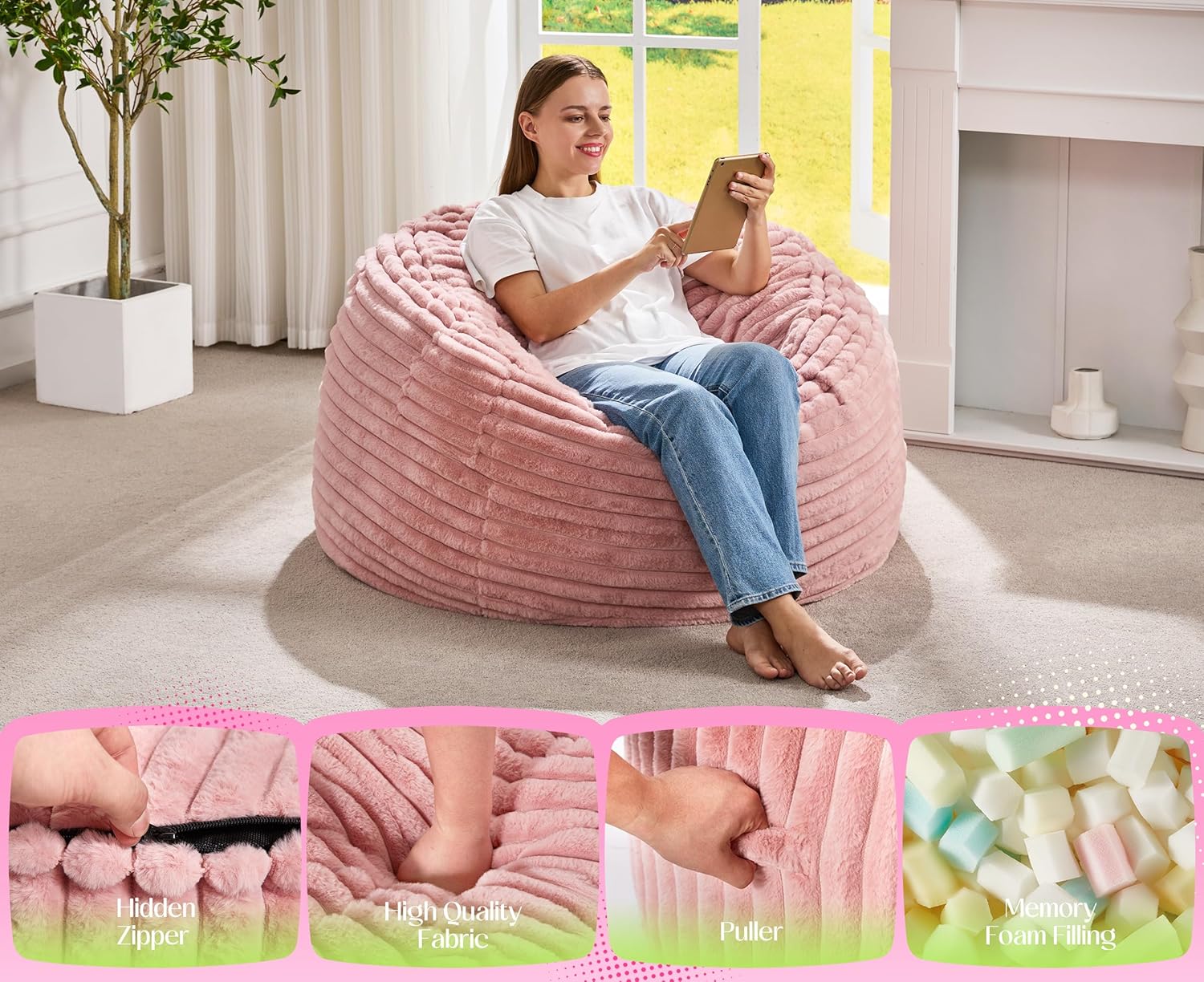 Hobestluk Bean Bag Chair Convertible Beanbag Chairs for Adults, 3 in 1 Bean Bags with Stripe Cover, Adult Bean Bag Chair for Living Room, Bedroom (Pink, Twin)