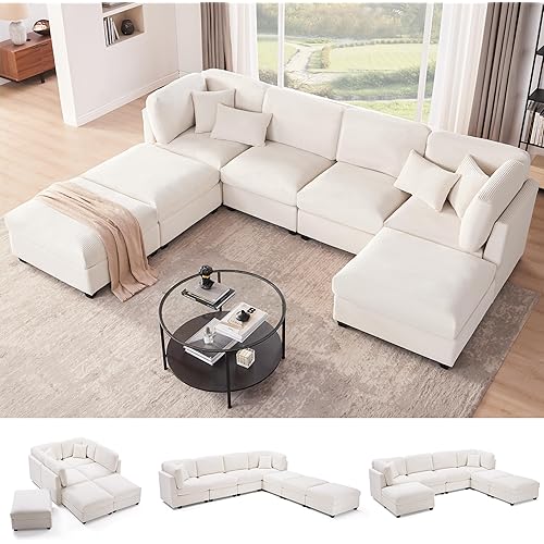 125 Inch Oversized Corduroy Modular Sectional Sofa, U Shaped Modular Couch with Storage, 7 Seat Convertible Corduroy Couch, Comfy Sectional Couches for Living Room with Memory Foam, Beige