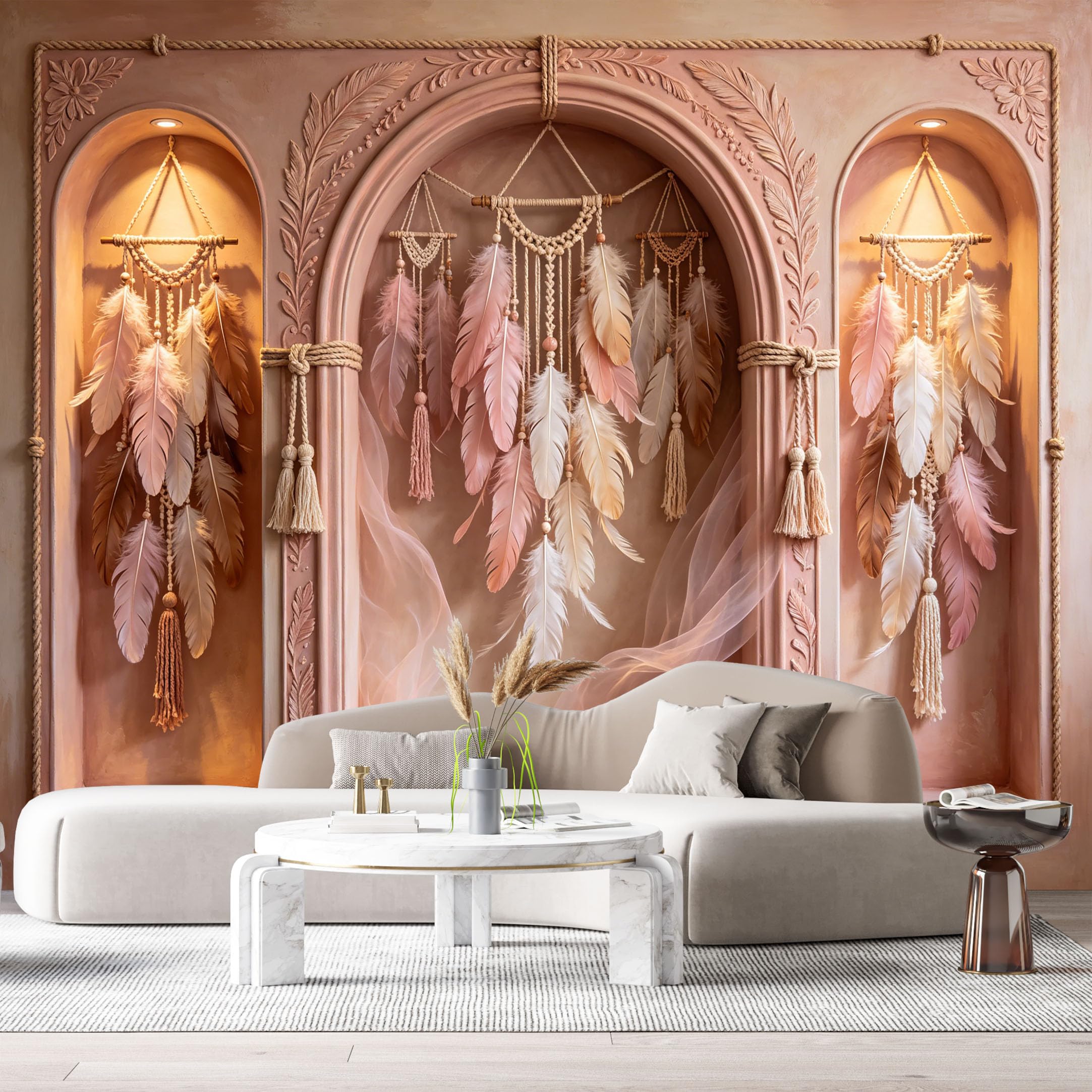 Custom Size Wall Murals Fairy Tale Arched Niche Dreamcatcher Pastel Feathers 3D Trompe L'Oeil SelfAdhesiveWall Fabric Removable Wallpaper Wall Decor for Living Room Bedroom Bathroom