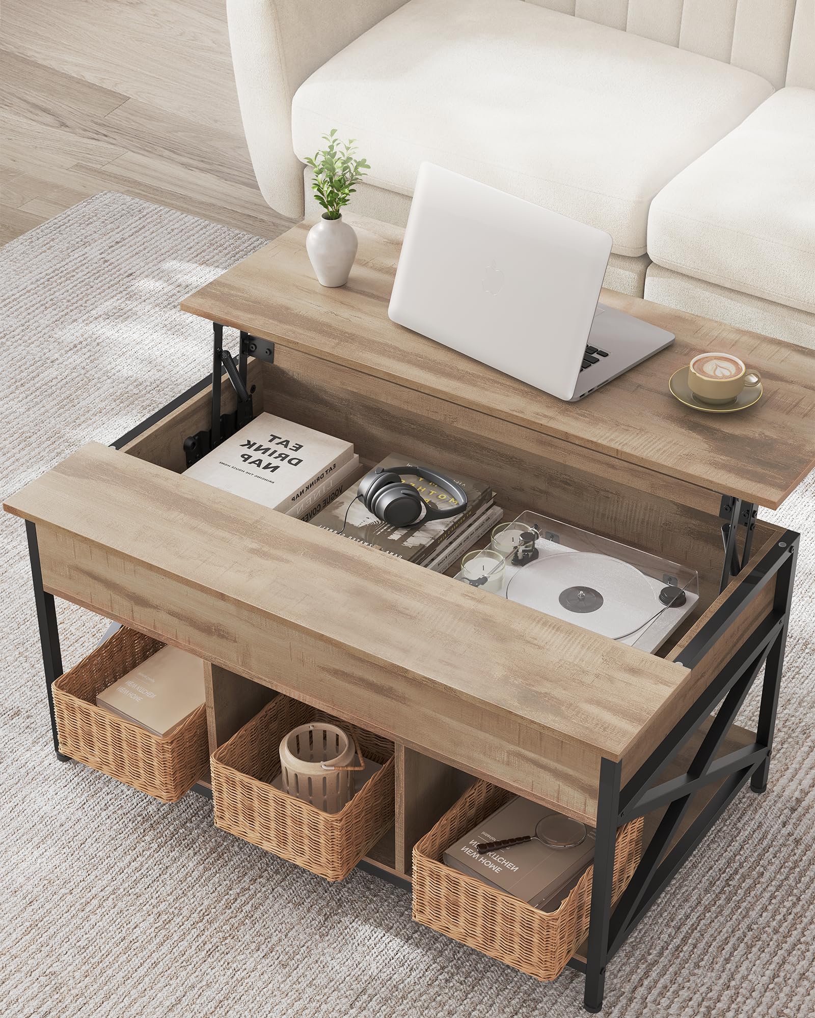 VASAGLE Couchtisch, höhenverstellbarer Wohnzimmertisch, Kaffeetisch, offener und versteckter Stauraum, X-Streben, 60 x 100 x (48-62) cm, Kamelbraun-schwarz LCT205K50