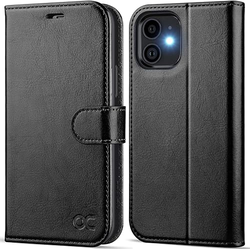 OCASE Funda compatible con iPhone 12  compatible con iPhone 12 Pro, funda de piel sintética con tapa y tarjeteros con bloqueo RFID, funda de