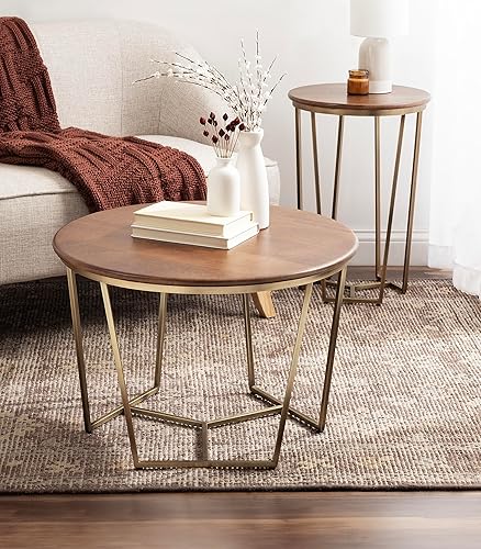 Miniatura 4 de Kate and Laurel Solvay - Mesa auxiliar redonda de mediados de siglo para sala de estar con base geométrica y diseño de materiales mixtos, 26 x 26 x