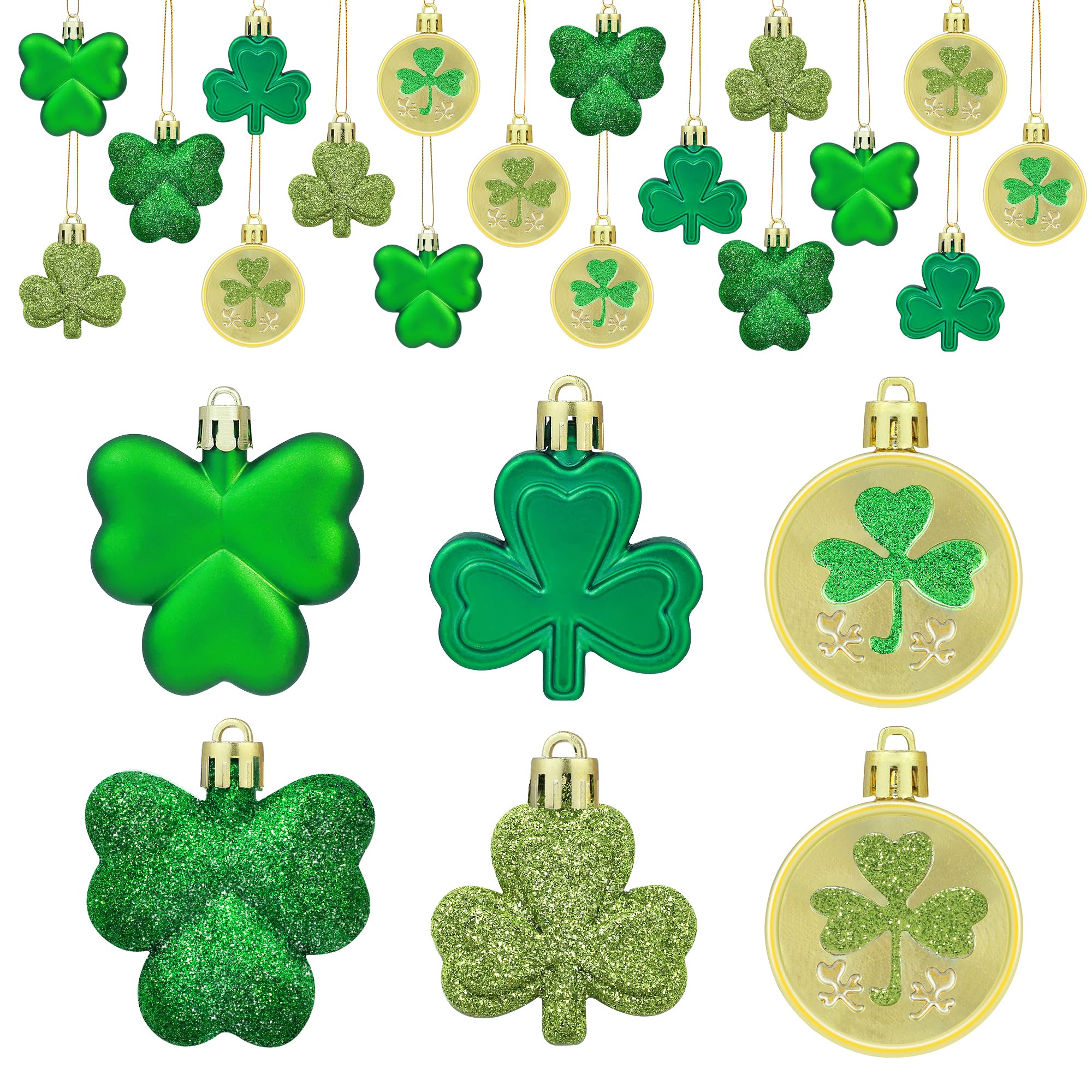 24PCS St. Patrick's Day Decorations Shamrock Ornaments - 6 Styles Shamrock Clover Gold Coins Hanging Baubles Ornaments for Home Table Tree Irish Saint Patrick's Day Tree Decorations