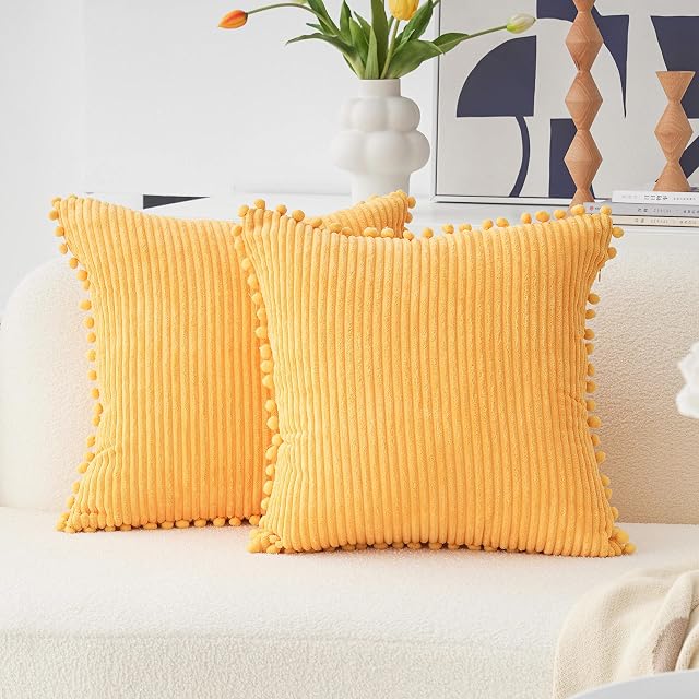 Home Brilliant Yellow Cushion Covers with Pom-poms, Boho Cushion Cover 45 x 45, Corduroy Decorative Pillows for Scatter Cushions Sofa Bed, 45cm, 18 inch, 2 Pcs, Yellow