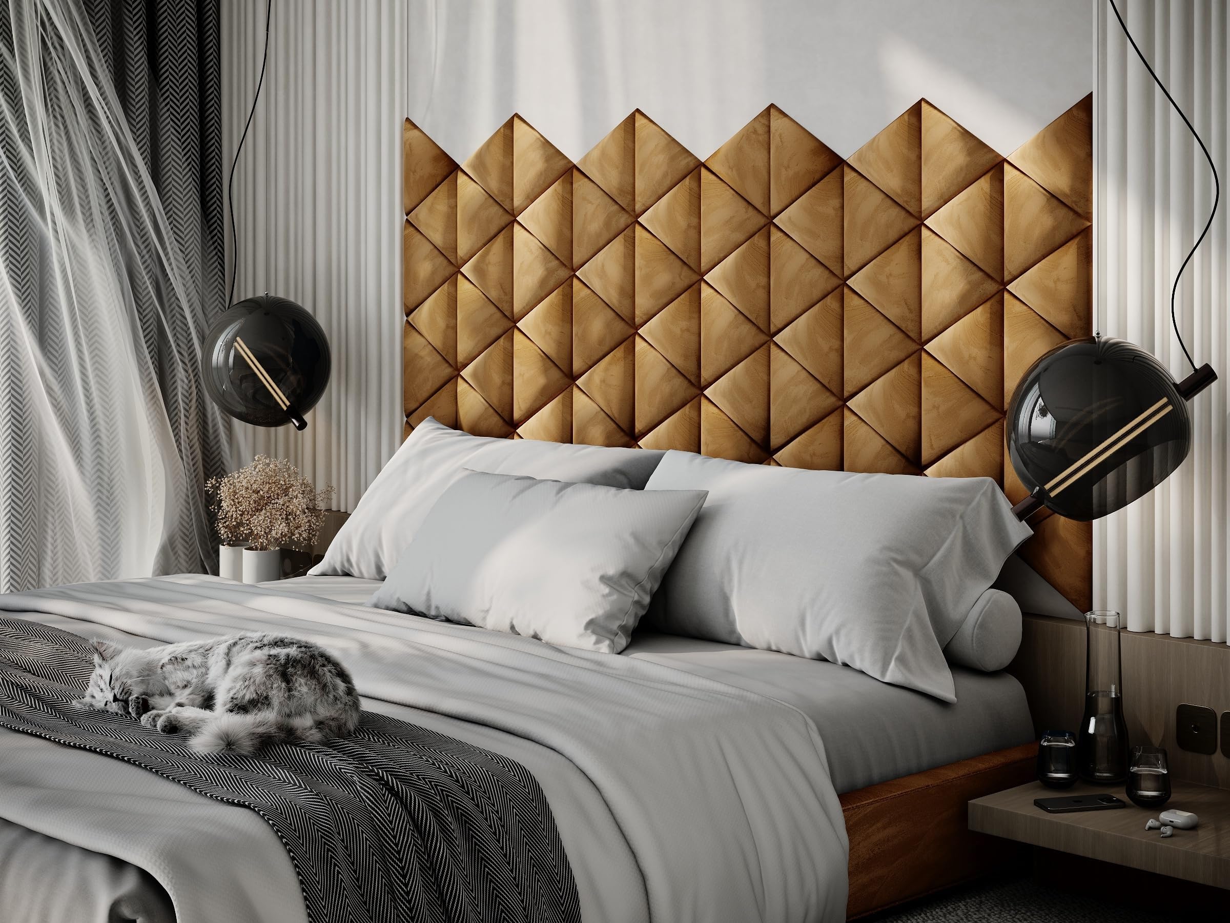 4 Pack — Upholstered Decorative Wall Panels Velvet Headboard Padding | Cushioned Planks | Padded Decor Collision Avoidance | Acoustic Soundproofing Treatment | (Gold, 4x Triangle (25x25cm))