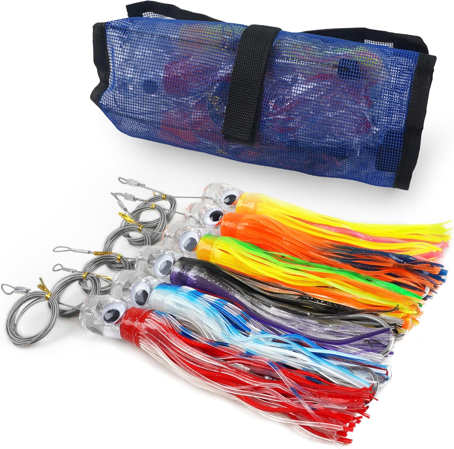Saltwater Tolling Lures,6pcs Squid Skirt Deep Sea Fishing Lure Set Offshore Big Game Rigged Trolling Lures for Tuna Marlin Wahoo Shark Mahi Saltwater Fishing Gear