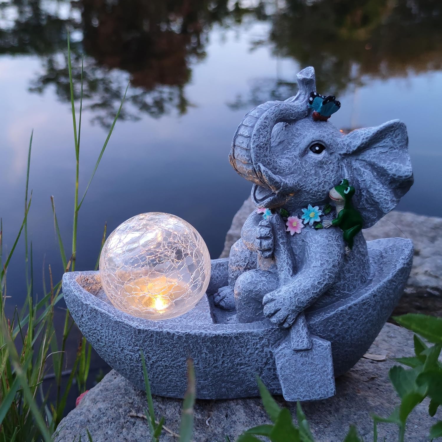Elephant Statue Solar Garden Decor Rowing Elephant
