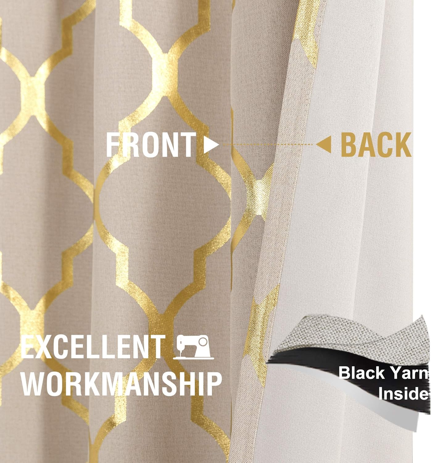 jinchan Linen Textured Curtains for Living Room Darkening Drapes Foil Moroccan Tile Print Curtains for Bedroom Window Treatment Set 72 inch Long One Panel Gold