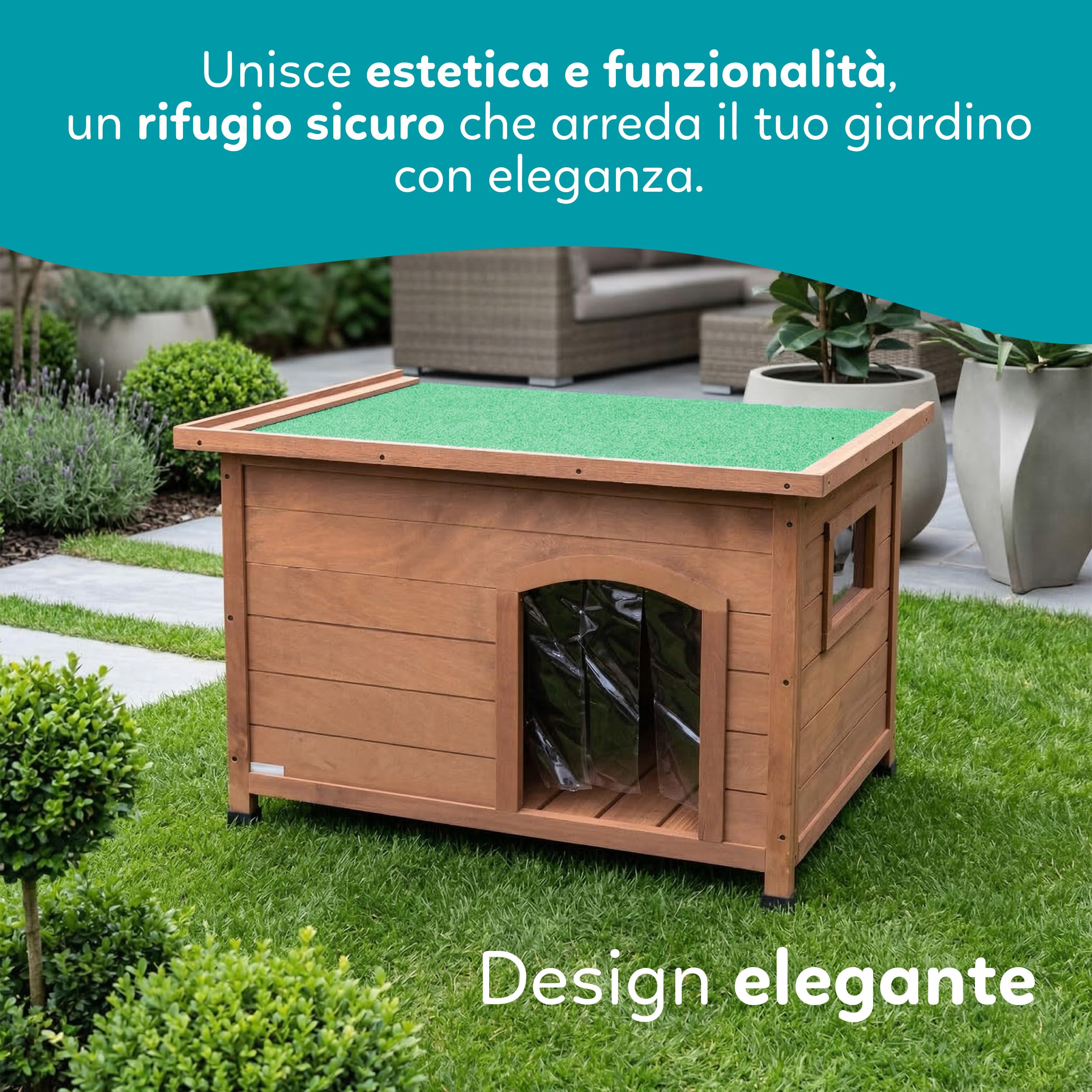 AqpetFriends Baita Cuccia in Legno da Esterno per Cani con Tetto Apribile e Tende Termiche incluse, Medium 104x68x75 h