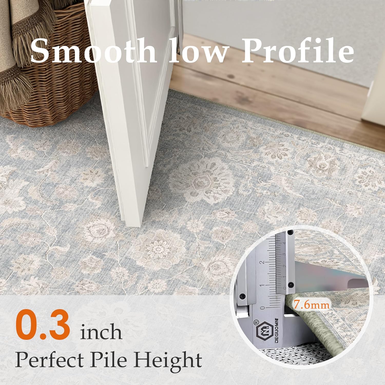 8x10 Blue Cream Washable Area Rug for Living Room Bedroom Neutral Floral Soft Non Slip Rug Low Pile Distressed Carpet for Dining Room Nursery Office Indoor