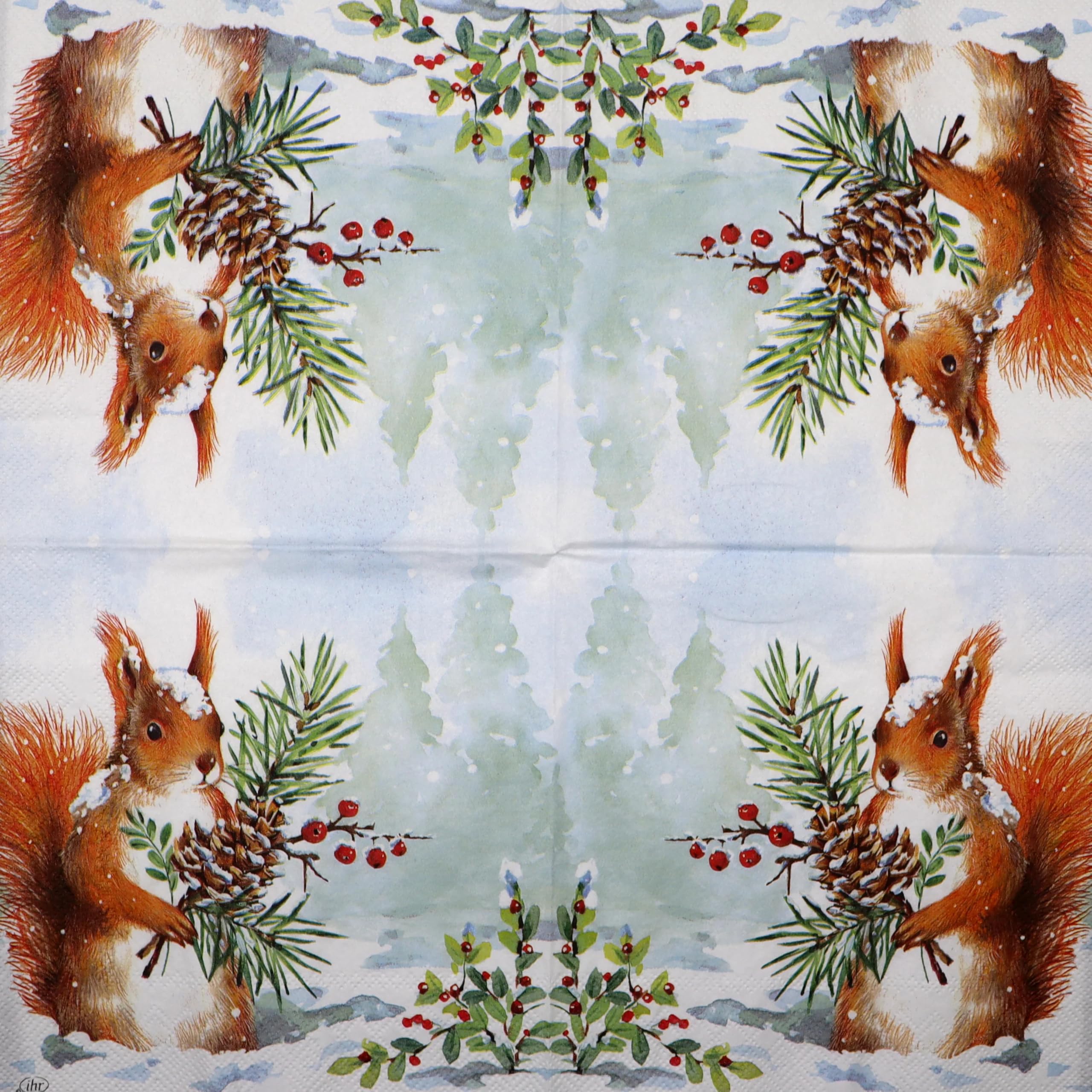 Set of 2 Individual Decoupage Paper Party Napkin Christmas Squirrel Snow Watercolor Decor Luncheon Napkins for a Birthday Holiday, Wedding, Cocktail Party