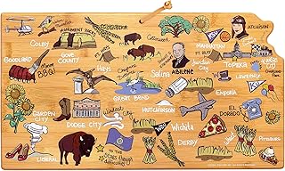 Totally Bamboo Kansas State Shaped Cutting Board and Charcuterie Serving Platter with Artwork by Fish Kiss, Includes Hang Tie for Wall Display