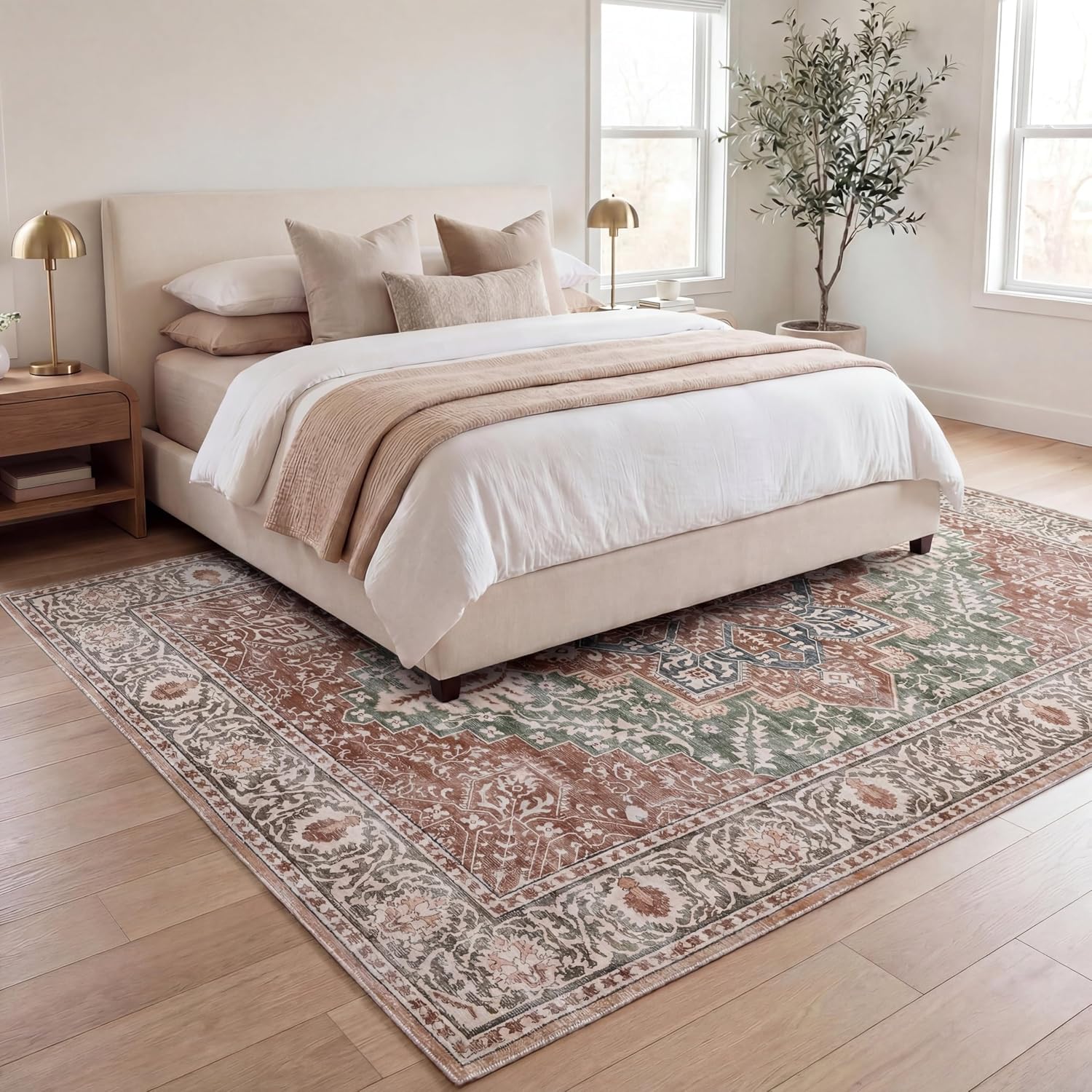 JONATHAN Y Ultra-Soft Machine-Washable Rug with Non-Skid Backing, Green/Brown 5'x8' Eleanor Vintage Medallion Border, Non-Shedding, Velvet Luxury Feel for Living Room, Dining Room, Bedroom VOR100K-5