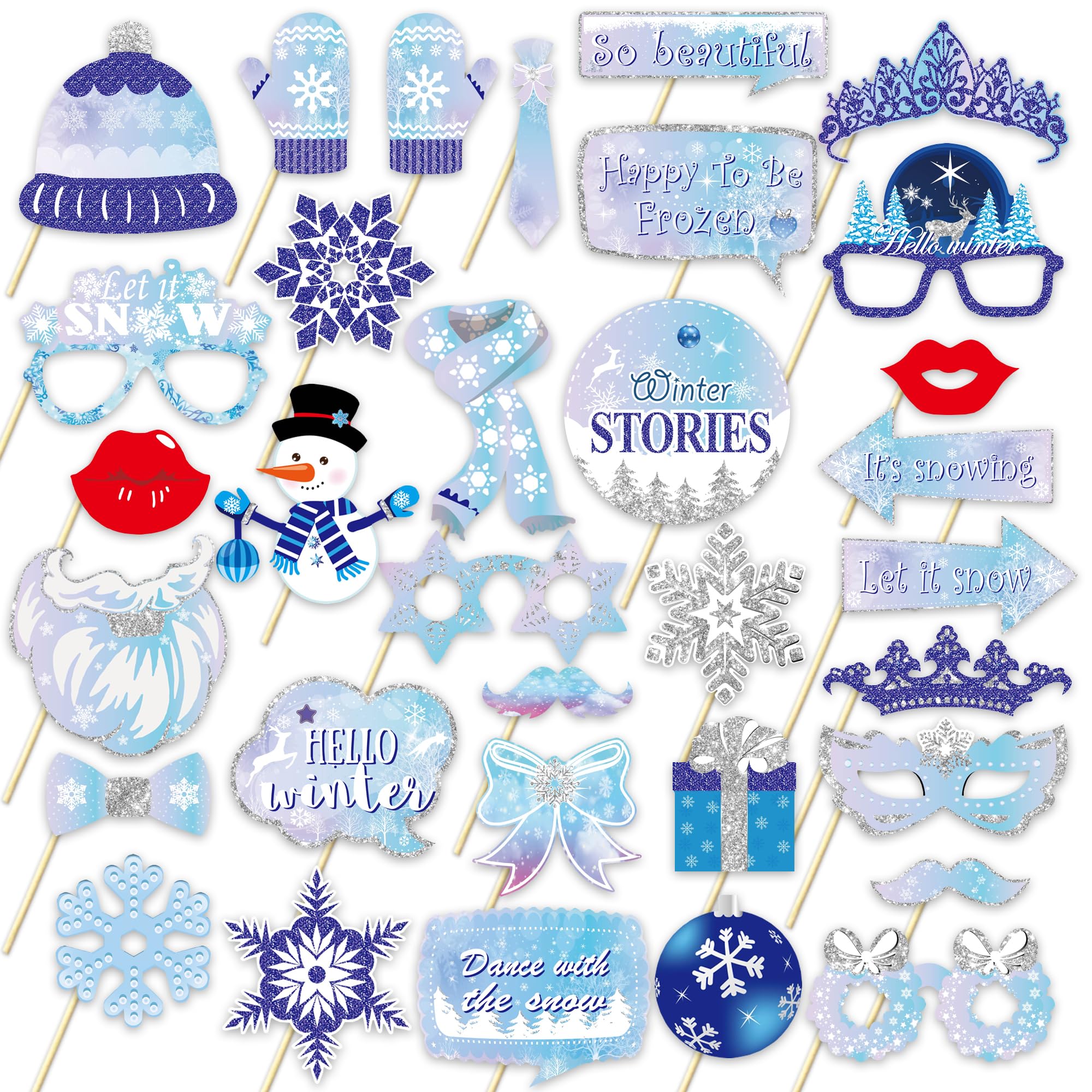 Snowflake Photo Booth Props 33 Pcs Winter Wonderland Party Decorations for Winter Holiday Christmas Party Supplies