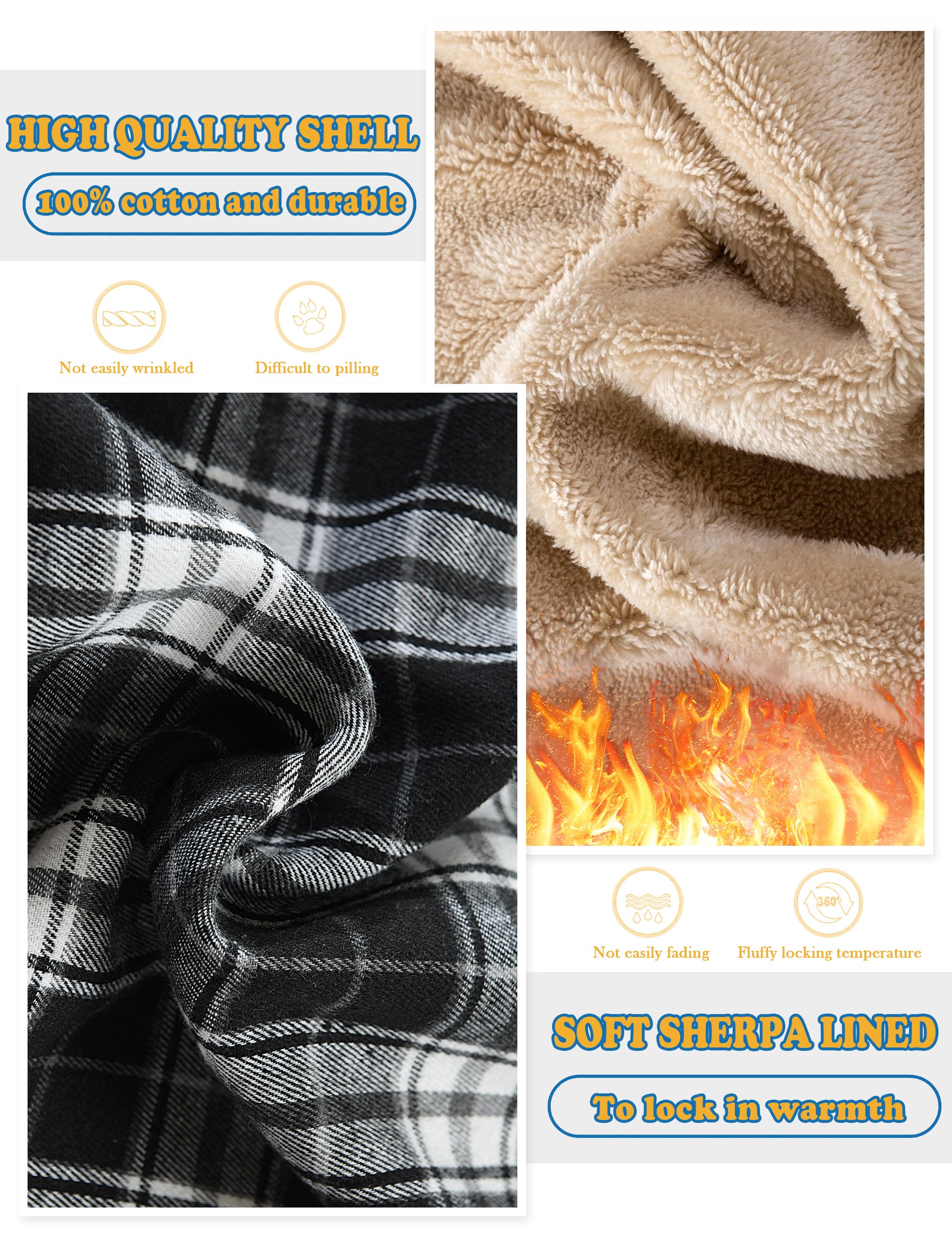 IVUMA Herrenhemden, Baumwolle, kariert, langärmelig, Fleece-gefüttert, Flanellhemden, Sherpa-Mantel mit Kapuze
