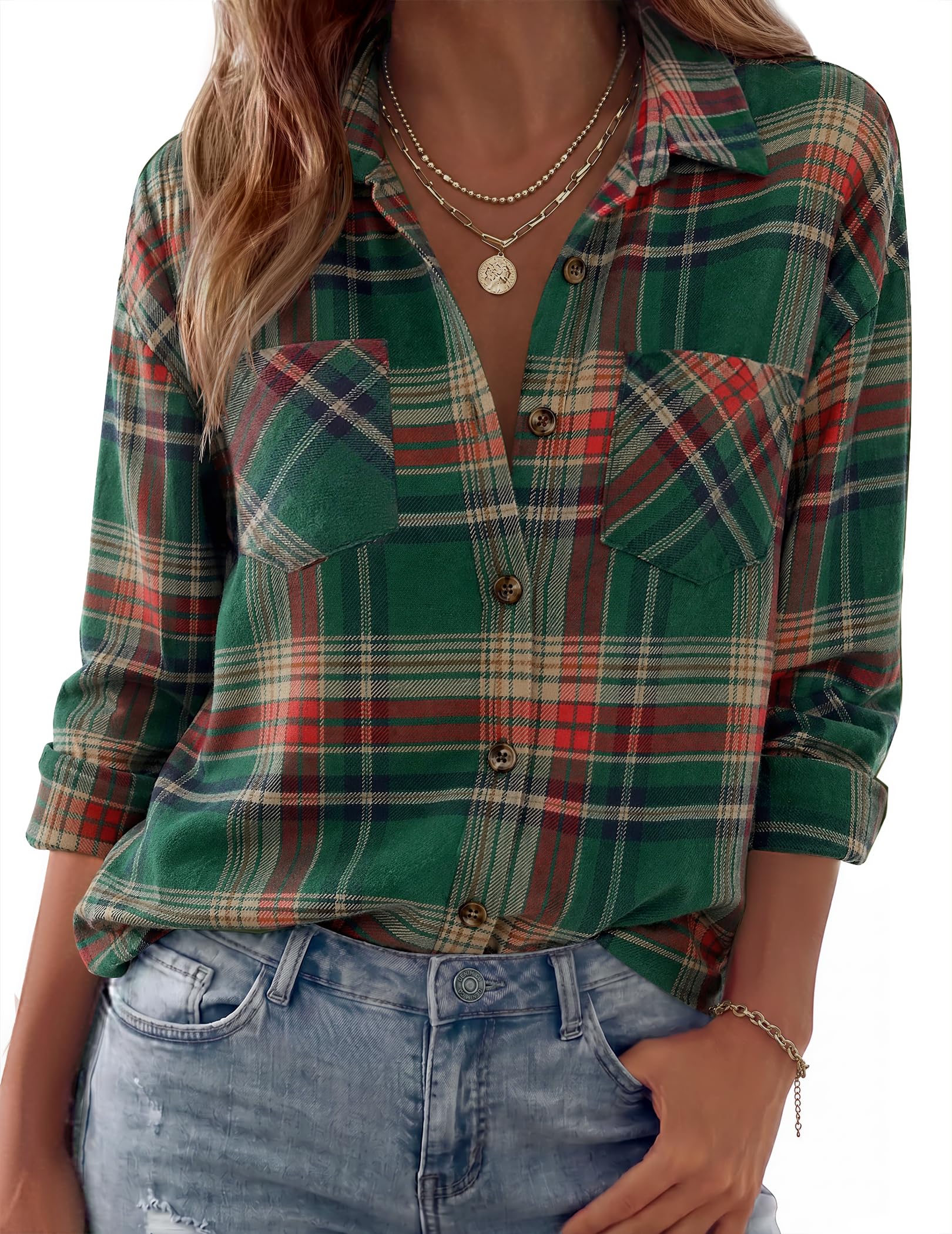 Zeagoo Womens Flannel Shirts Long Sleeve Button Down Casual Fall Plaid Top | flannel plaid shirt, lightweight loose fit blouse, business casual outfits, 2026 fashion fall western shackets jacket