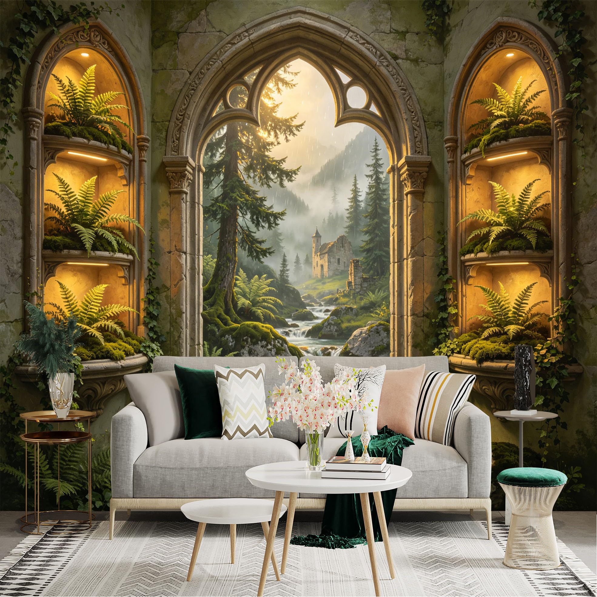 Lnzczhyre Dbh260521622 Custom Size Wall Sticker Mural， Enchanted Stone Archway， Misty Forest Stream， Ancient Ruin Cottage， Illuminated Fern Shelves， For Wall Decoration， Peelandstick Wall Decals.