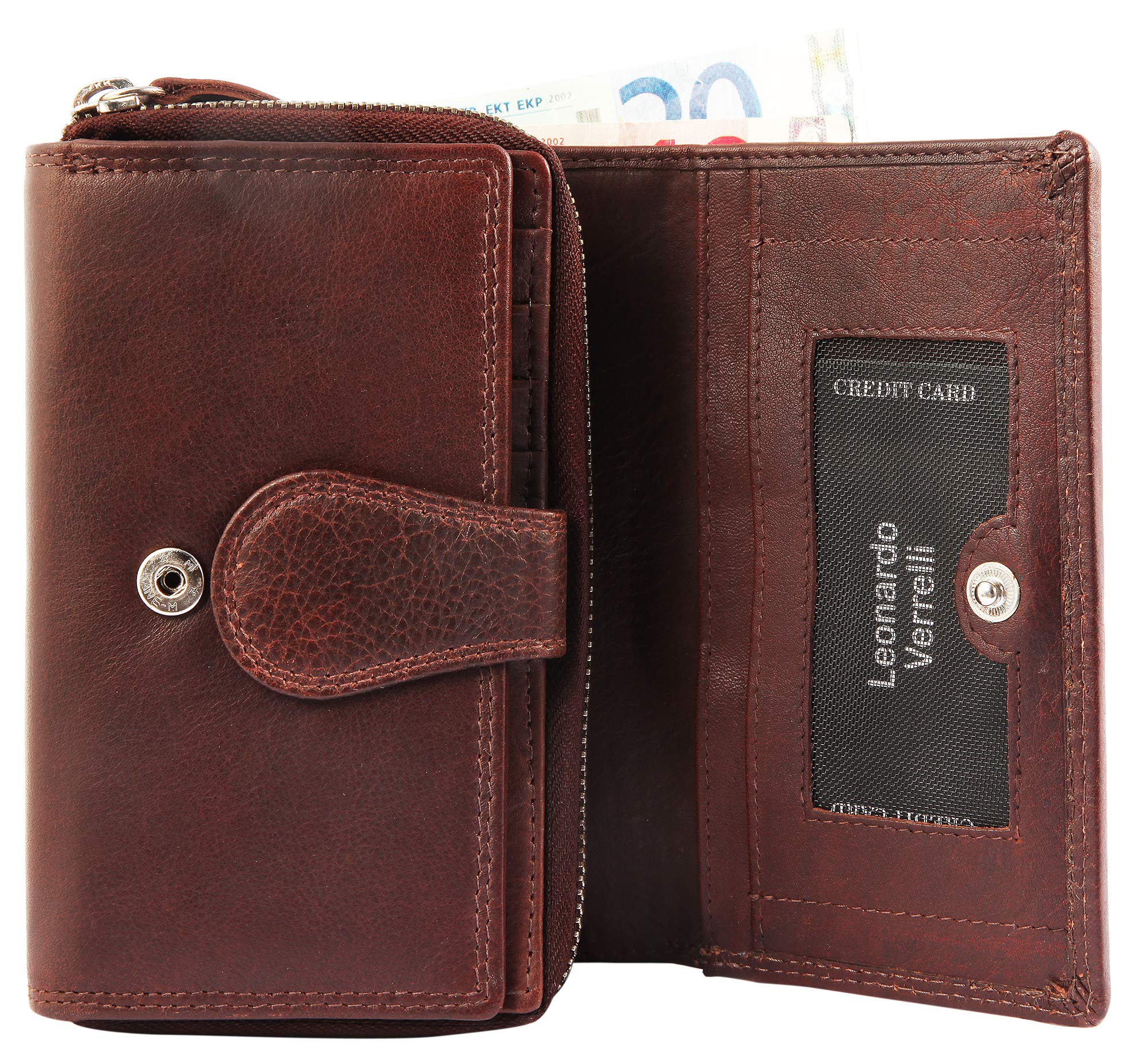 Portamonedas Monedero para hombre de piel auténtica, 15 x 10 cm, RFID Safe, marrón oscuro, Clásico