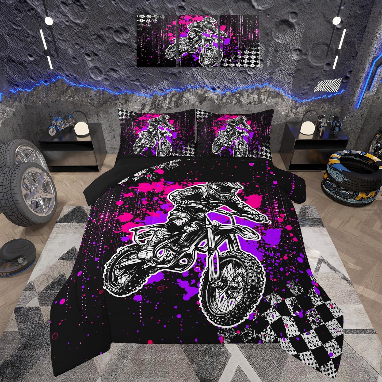 Feelyou Kids Blue Dirt Bike Comforter Set Extreme Sports Motorcycle Bedding Set Full Size for Kids Boys Girls Teens Room Decor Duvet Quilt Racing Motocross Rider Soft Microfiber