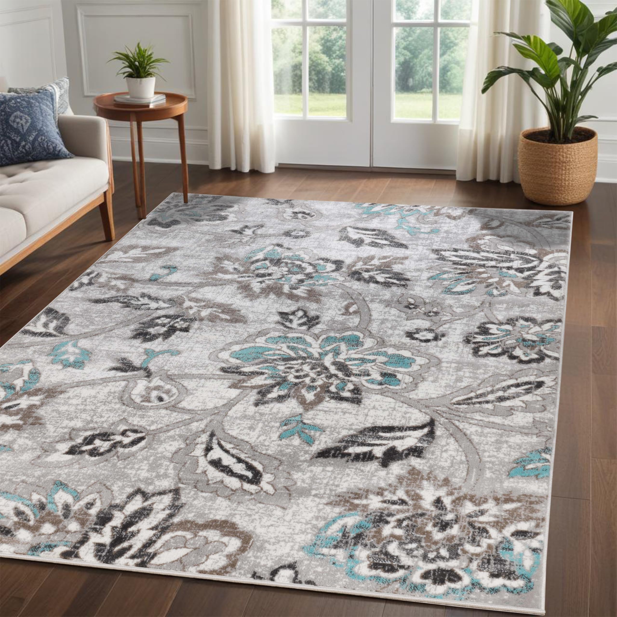 Superior Indoor Area Rug, Jute Backing, Plush Floral Rugs for Entryway, Living Room, Kitchen Floors, Bedroom, Office Floor Cover, Modern Farmhouse Rugs, Jacobean Collection, 8' x 10', Blue Ivory