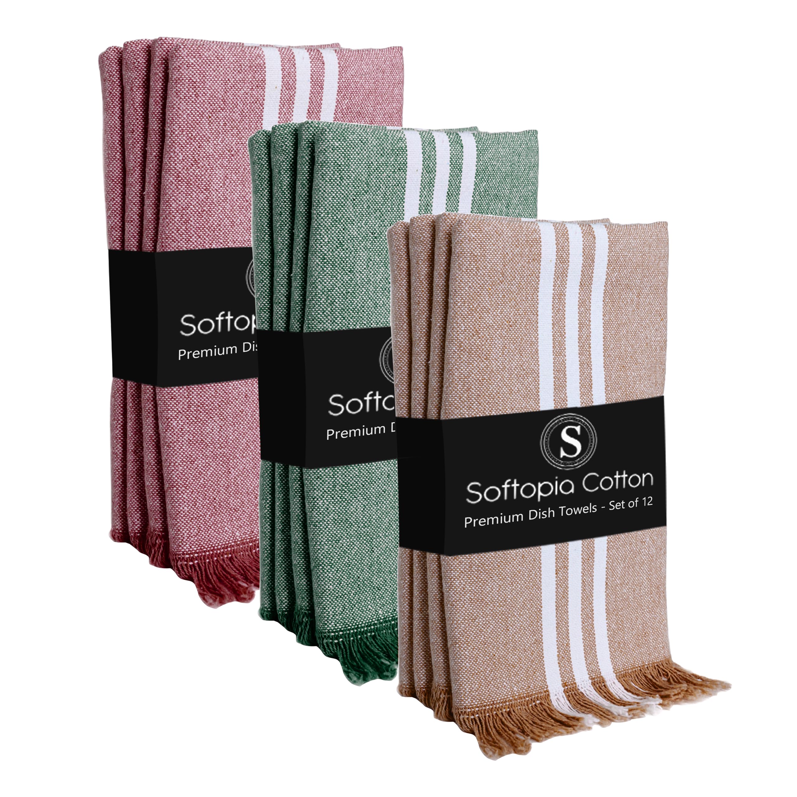 Stripe Kitchen Towels 12 Pack, 16x26 Inches, Assorted Colors Dish Cloths for Cooking and Drying, Reusable Wipe Rags, Absorbent and Washable Towels - Brown, Forest Green, Burgundy Wine